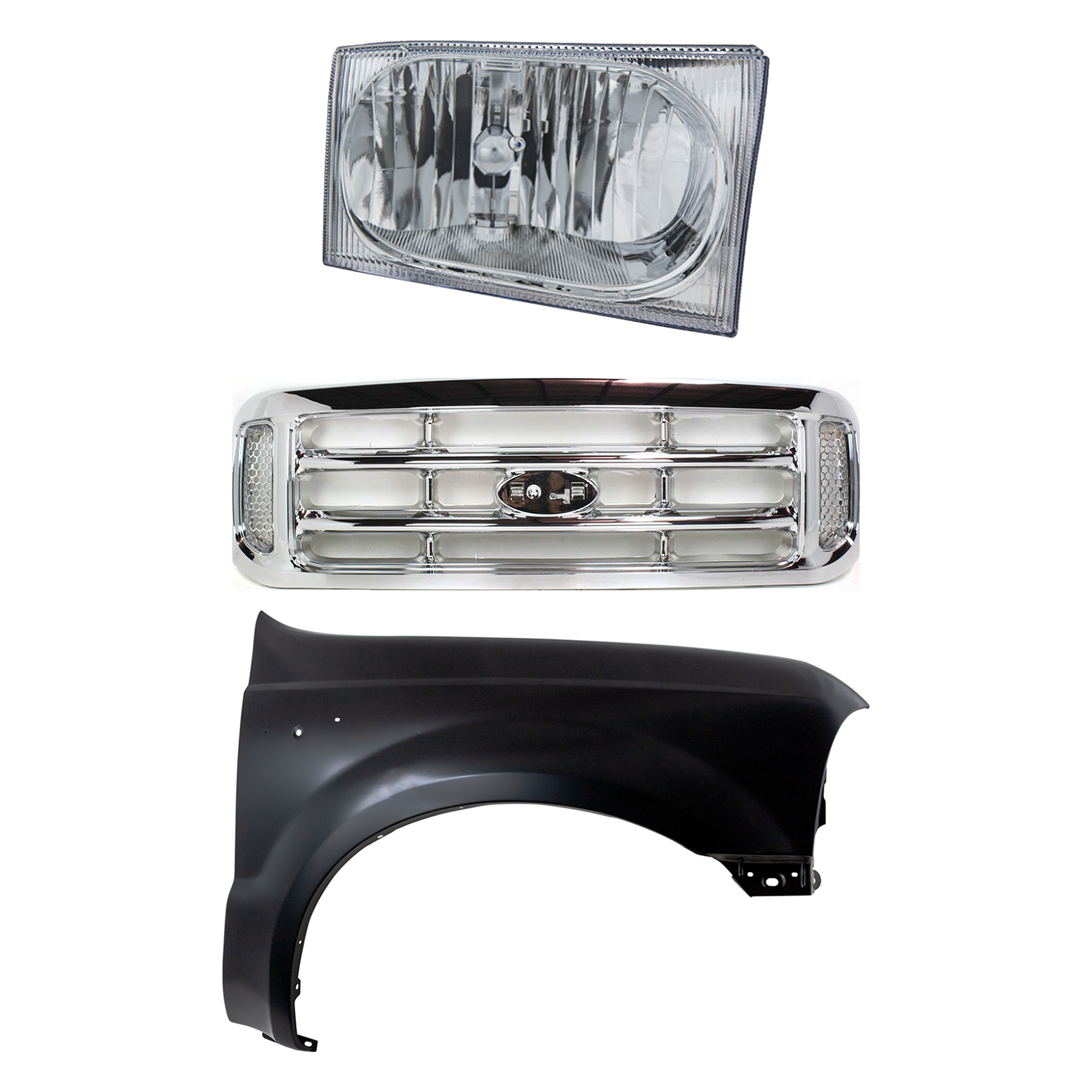 AM F SERIES SUPER DUTY PICKUP 02-04 GRILLE Chrome 3 pc Kit with Fender and Headlight SKU KIT 022423-58301 Partslink FO1200417 FO1241208 FO2503183 OEM F81Z8200 F81Z16005AA 2C3Z13008