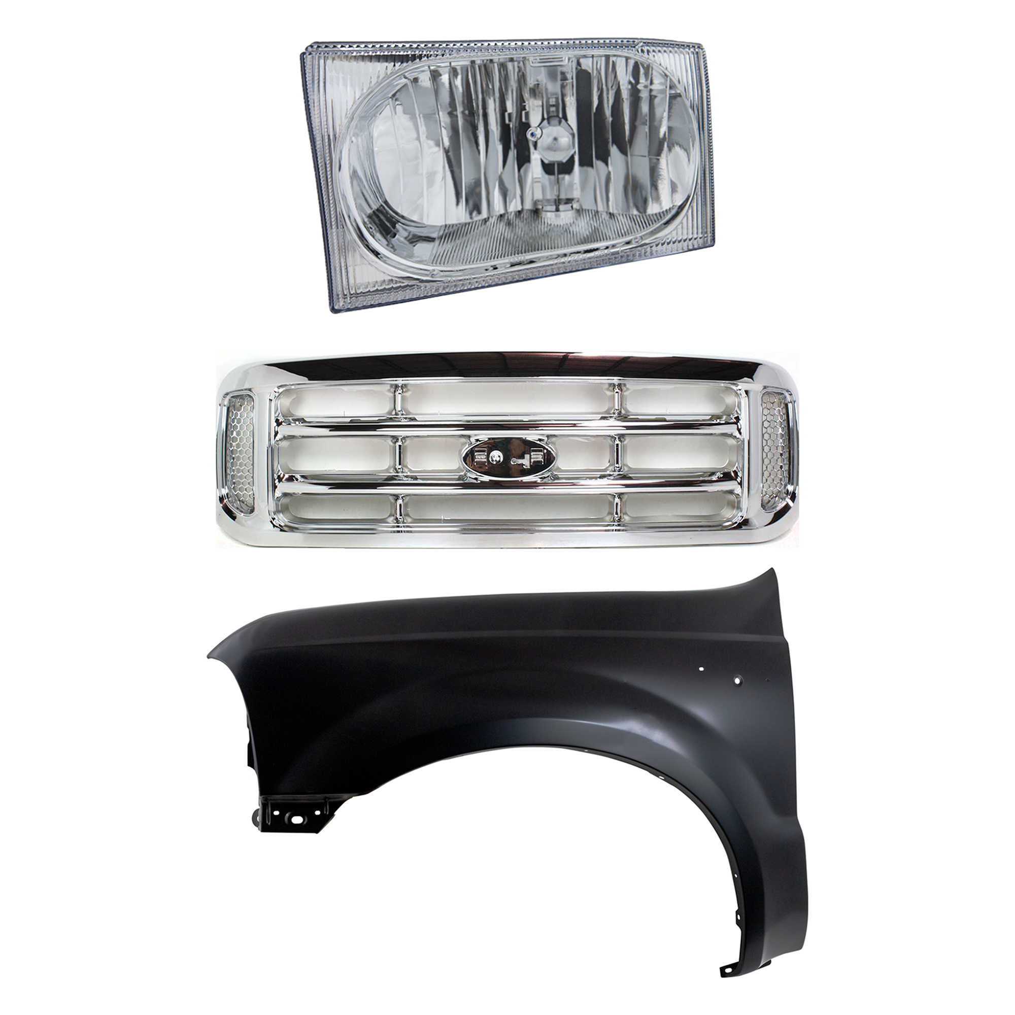 AM F SERIES SUPER DUTY PICKUP 02-04 GRILLE Chrome 3 pc Kit with Fender and Headlight SKU KIT 022423-58302 Partslink FO1200417 FO1240208 FO2502183 OEM F81Z8200 F81Z16006AA 2C3Z13008