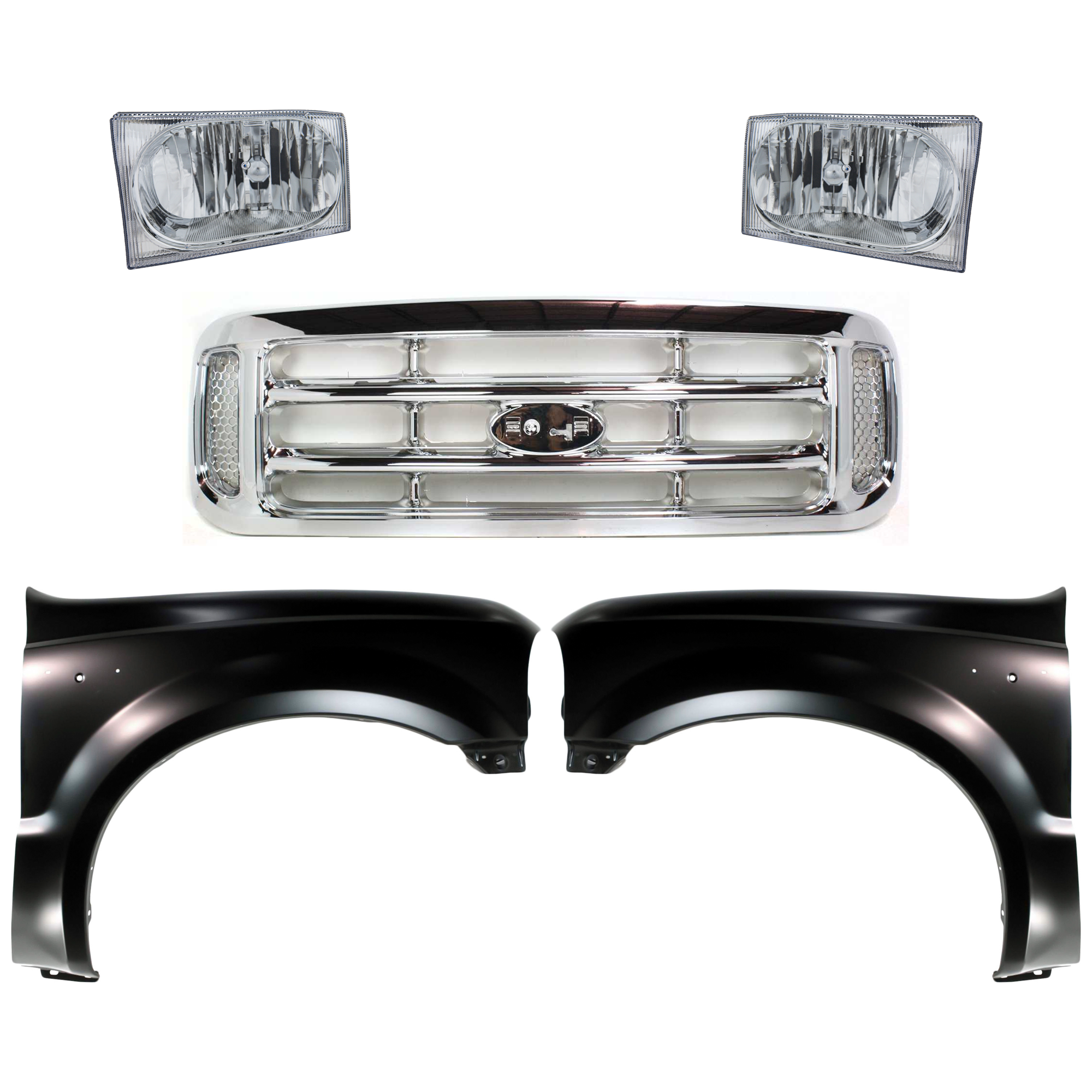 AM F SERIES SUPER DUTY PICKUP 02-04 GRILLE Chrome 5 pc Kit with Fenders and Headlights SKU KIT 022423-583 Partslink FO1200417 FO1241208 FO1240208 FO2502183 FO2503183 OEM F81Z8200 F81Z16005AA F81Z16006