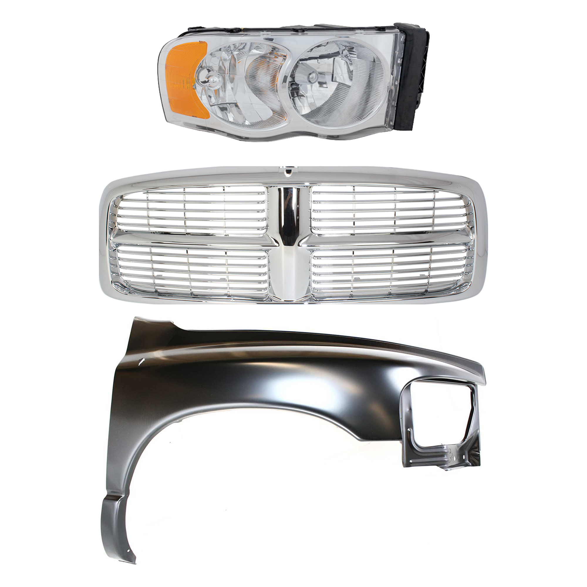 AM DODGE FULL SIZE P U 02-05 GRILLE 3 pc Kit Plastic with Fender and Headlight SKU KIT 022423-58401 Partslink CH1241232 CH2503135 CH2503161 OEM Performance 55276208AD 5527697
