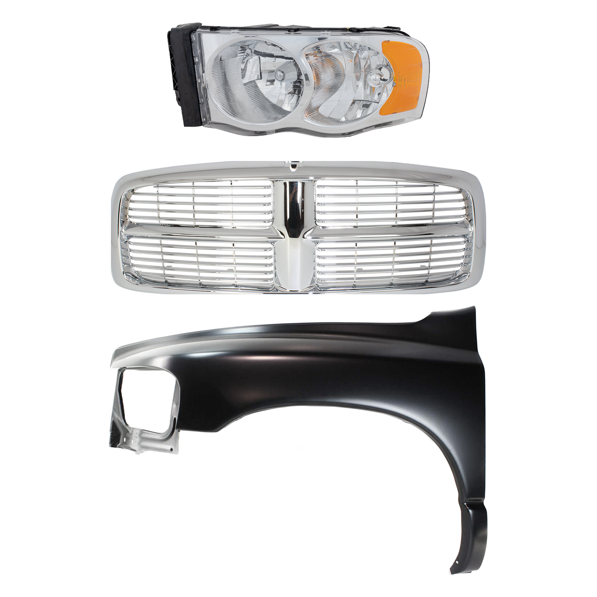 AM DODGE FULL SIZE P U 02-05 FRONT FENDER LH 3 pc Kit Primed Steel with Grille and Headlight SKU KIT 022423-58402 Partslink CH1240232 CH2502135 CH2502161 OEM 55276209AD 55276971AA Performa