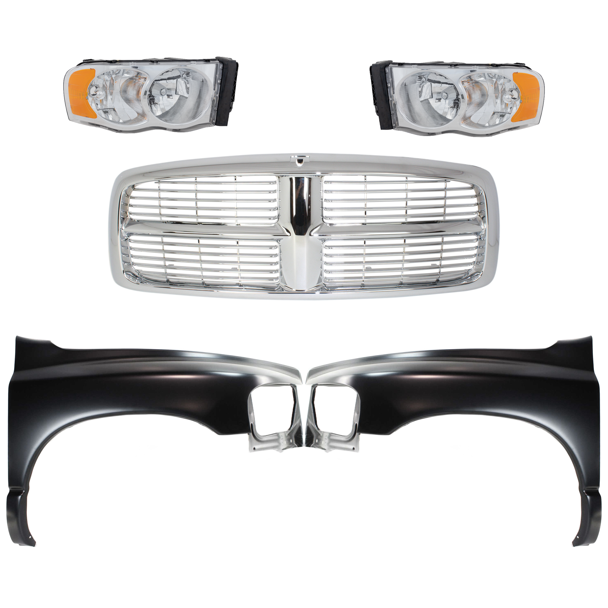 AM DODGE FULL SIZE PICKUP 02-05 FRONT FENDER RH AND LH 5 pc Kit with Grille Assembly and Headlights SKU KIT 022423-584 Partslink CH1240232 CH1241232 CH2503135 CH2503161 CH2502135 CH2502161 OEM 55276208AD 55276970AA 55276209