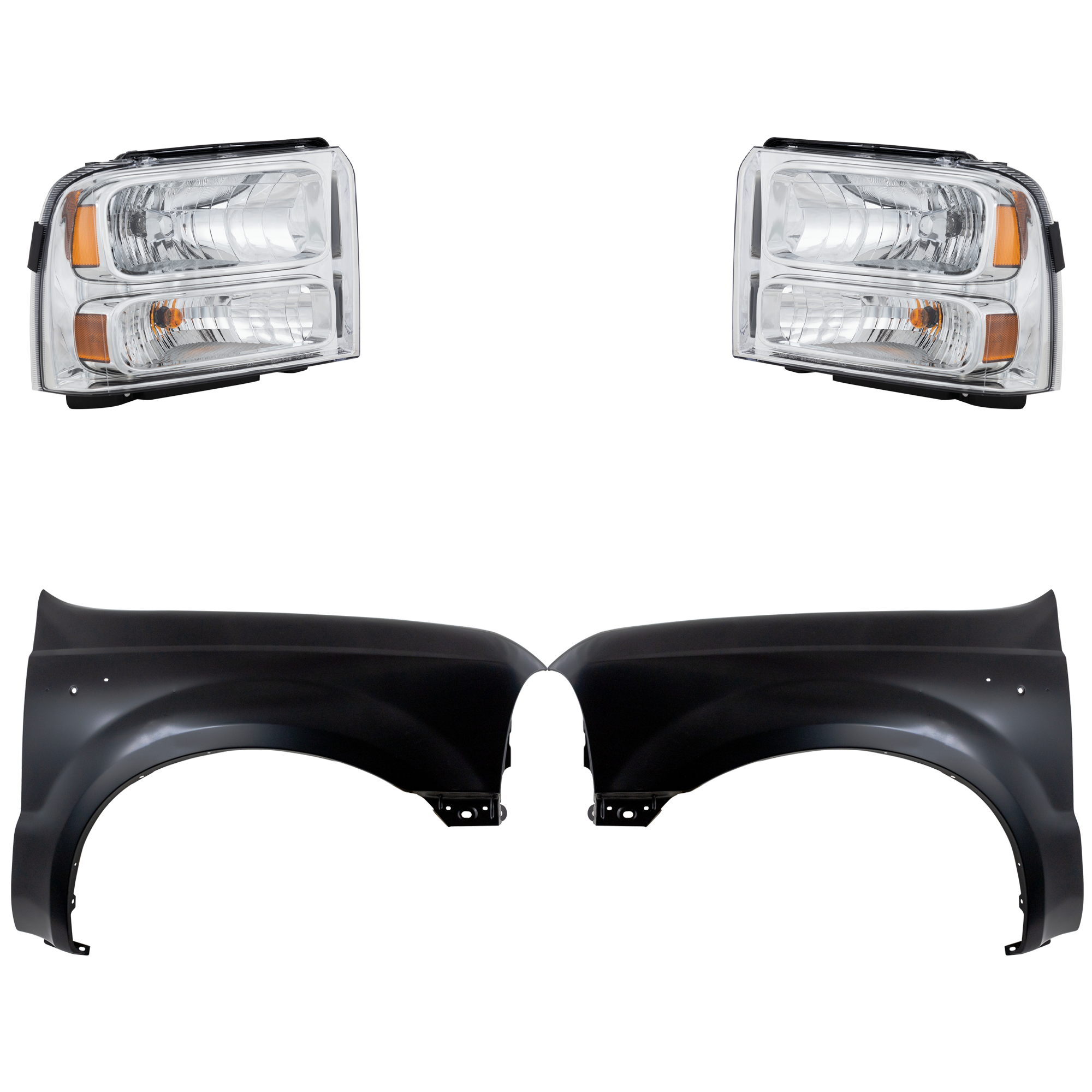 AM F 250 SUPER DUTY F 350 SUPER DUTY 05-07 HEAD LAMP RH AND LH Assembly Halogen 4 pc Kit with Fenders SKU KIT 022423-59003 Partslink FO2503217 FO2502217 FO1240208 FO1241208 OEM 6C3Z13008AB 6C3Z13008BB F81Z16