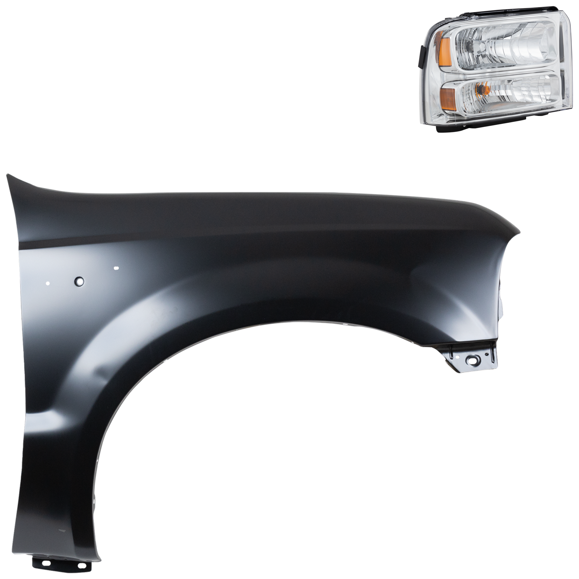 AM F 250 SUPER DUTY F 350 SUPER DUTY 05-07 FRONT FENDER RH Primed 2 pc Kit with Headlight SKU KIT 022423-59004 Partslink FO1241208 FO2503217 OEM F81Z16005AA 6C3Z13008AB