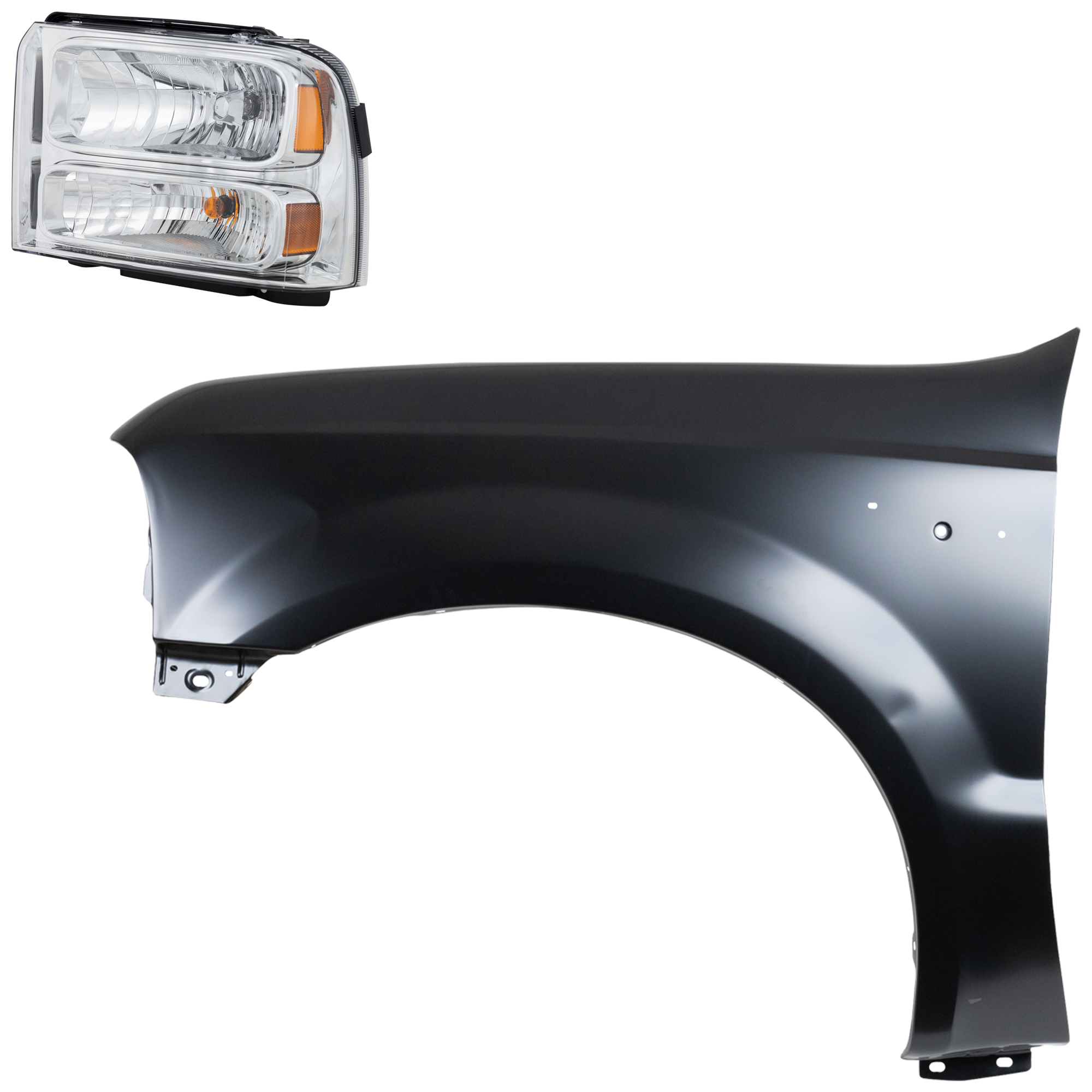 AM F 250 SUPER DUTY F 350 SUPER DUTY 05-07 HEAD LAMP LH Assembly Halogen 2 pc Kit with Fender SKU KIT 022423-59005 Partslink FO2502217 FO1240208 OEM 6C3Z13008BB F81Z16006AA