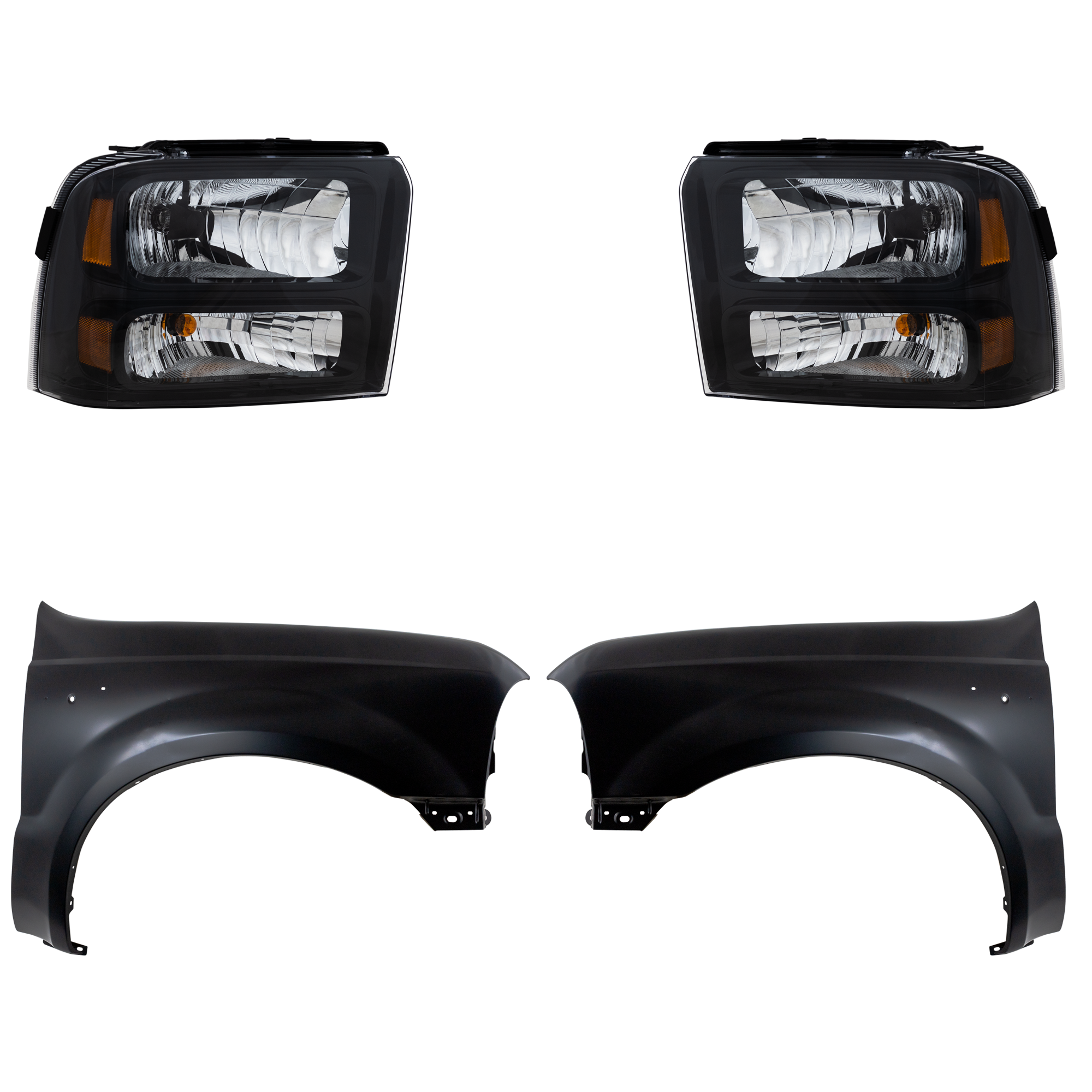 AM F 250 SUPER DUTY F 350 SUPER DUTY 05-07 HEAD LAMP RH AND LH Assembly Halogen 4 pc Kit with Fenders SKU KIT 022423-59103 Partslink FO2503224 FO2502224 FO1240208 FO1241208 OEM 6C3Z13008CB 6C3Z13008DB F81Z16