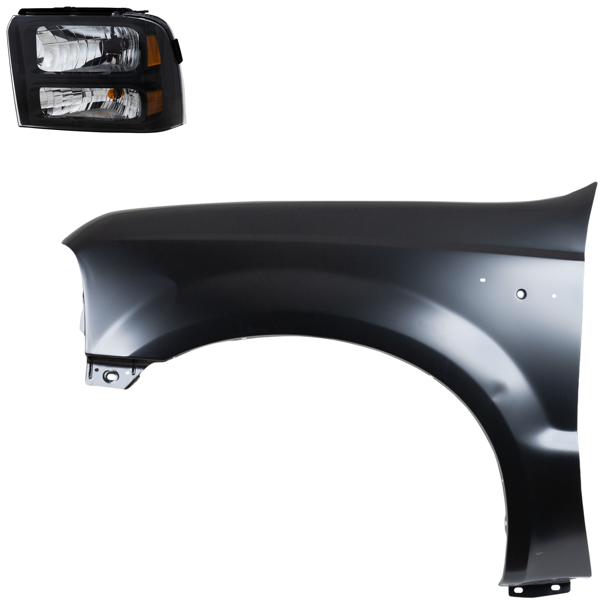AM F 250 SUPER DUTY F 350 SUPER DUTY 05-07 HEAD LAMP LH Assembly Halogen 2 pc Kit with Fender SKU KIT 022423-59105 Partslink FO2502224 FO1240208 OEM 6C3Z13008DB F81Z16006AA
