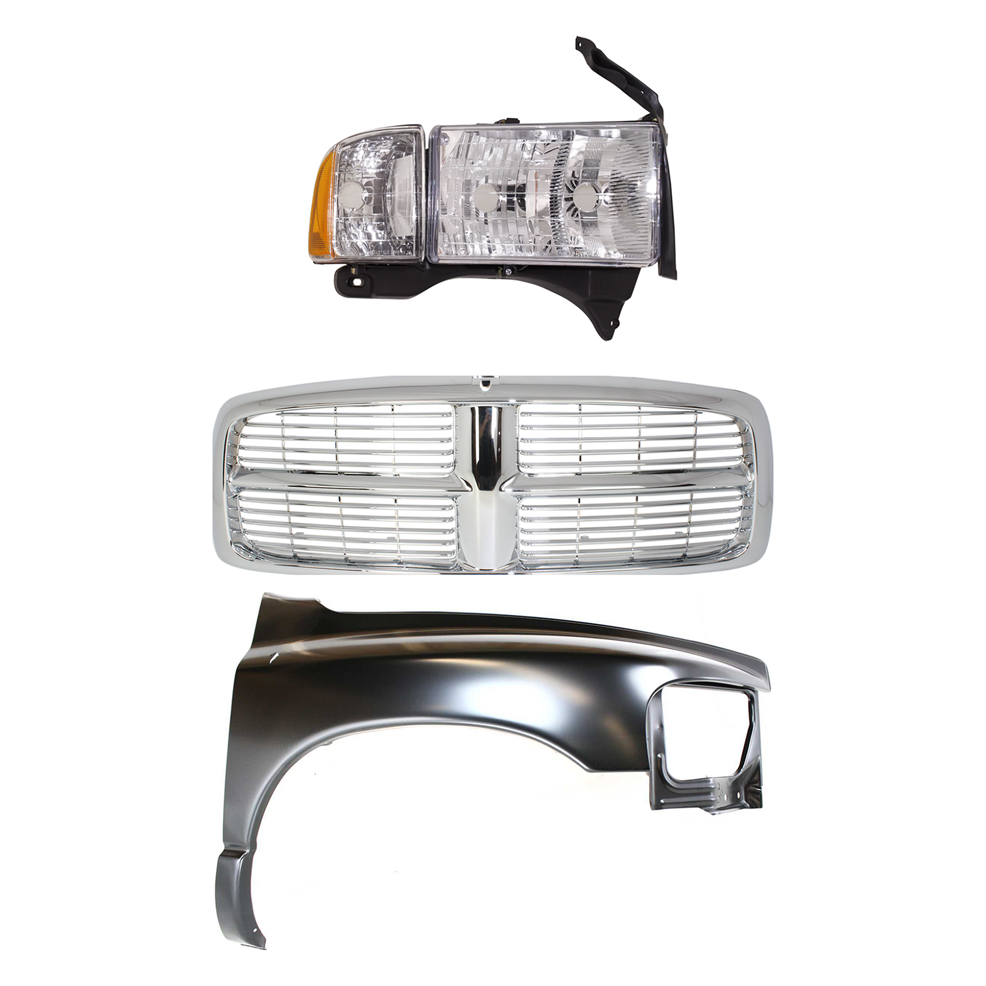 AM RAM 1500-02-02 GRILLE Chrome Shell and Insert 3 pc Kit with Fender and Headlight SKU KIT 022423-59301 Partslink CH1241232 OEM Performance 55276208AD 5527697
