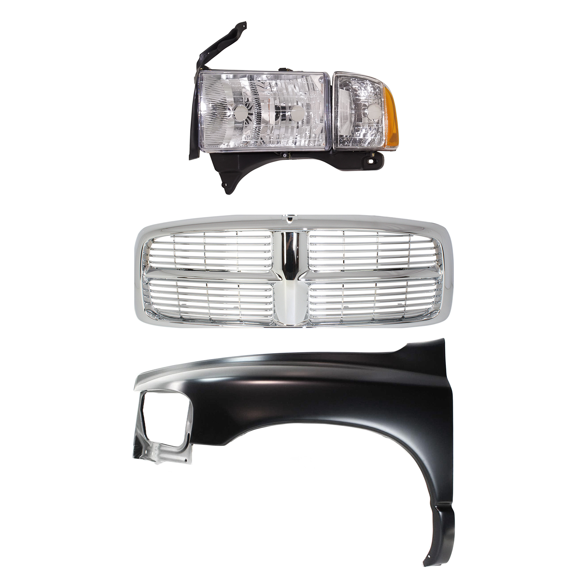 AM RAM 1500-02-02 FRONT FENDER LH Primed 3 pc Kit with Grille and Headlight SKU KIT 022423-59302 Partslink CH1240232 OEM 55276209AD 55276971AA Performa
