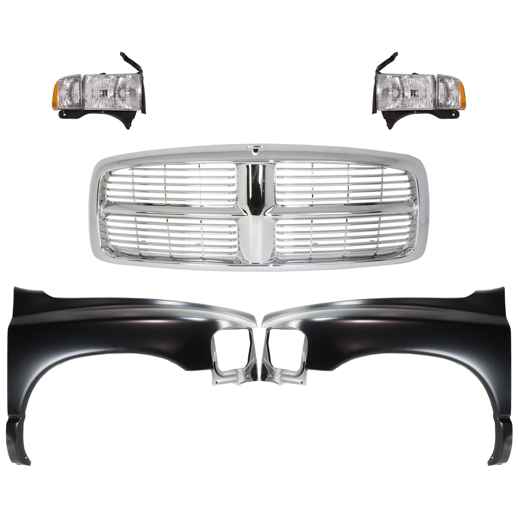 AM RAM 1500-02-02 FRONT FENDER RH AND LH Primed 5 pc Kit with Grille and Headlights SKU KIT 022423-593 OEM 55276208AD 55276970AA 55276209