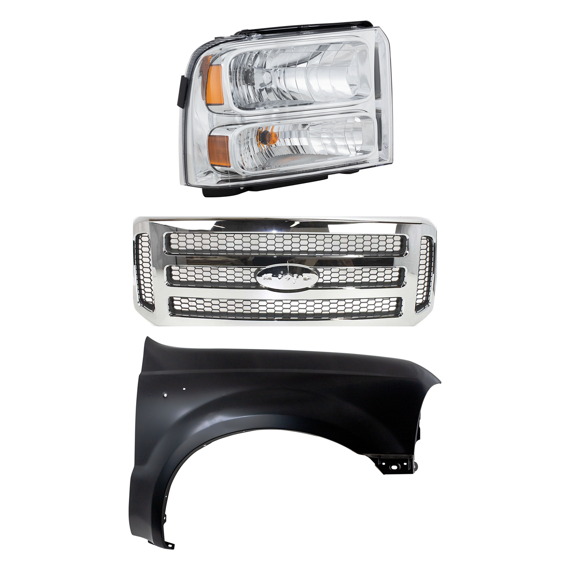 AM EXCURSION 05-05 F 250 SUPER DUTY F 350 SUPER DUTY 05-07 GRILLE Chrome Shell with Painted Gray Insert 3 pc Kit with Fender and Headlight SKU KIT 022423-59401 Partslink FO1200456 FO1241208 FO2503217 OEM 6C3Z8200BC 5C3Z8200BAA F81Z160
