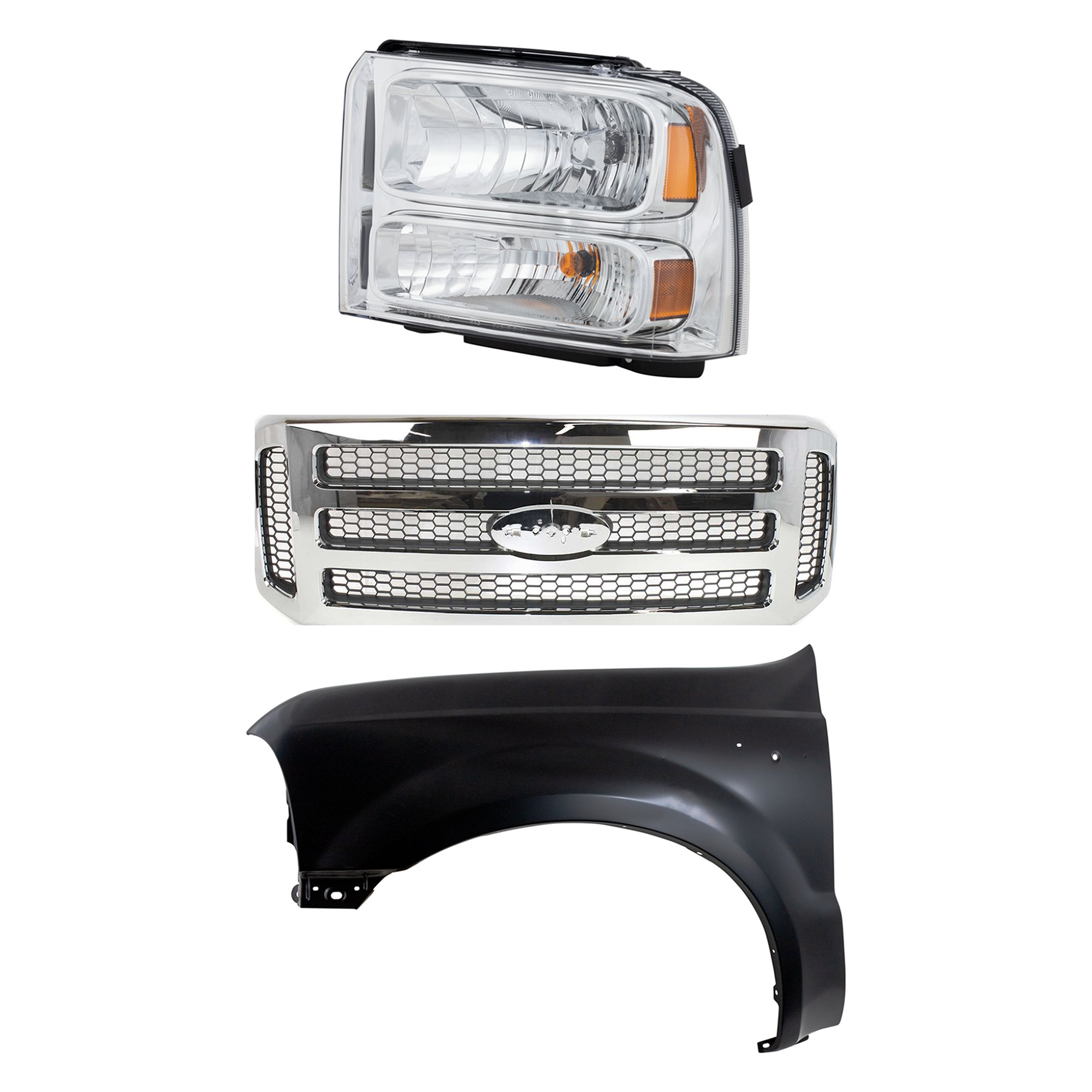 AM EXCURSION 05-05 F 250 SUPER DUTY F 350 SUPER DUTY 05-07 GRILLE Chrome Shell with Painted Gray Insert 3 pc Kit with Fender and Headlight SKU KIT 022423-59402 Partslink FO1200456 FO1240208 FO2502217 OEM 6C3Z8200BC 5C3Z8200BAA F81Z160