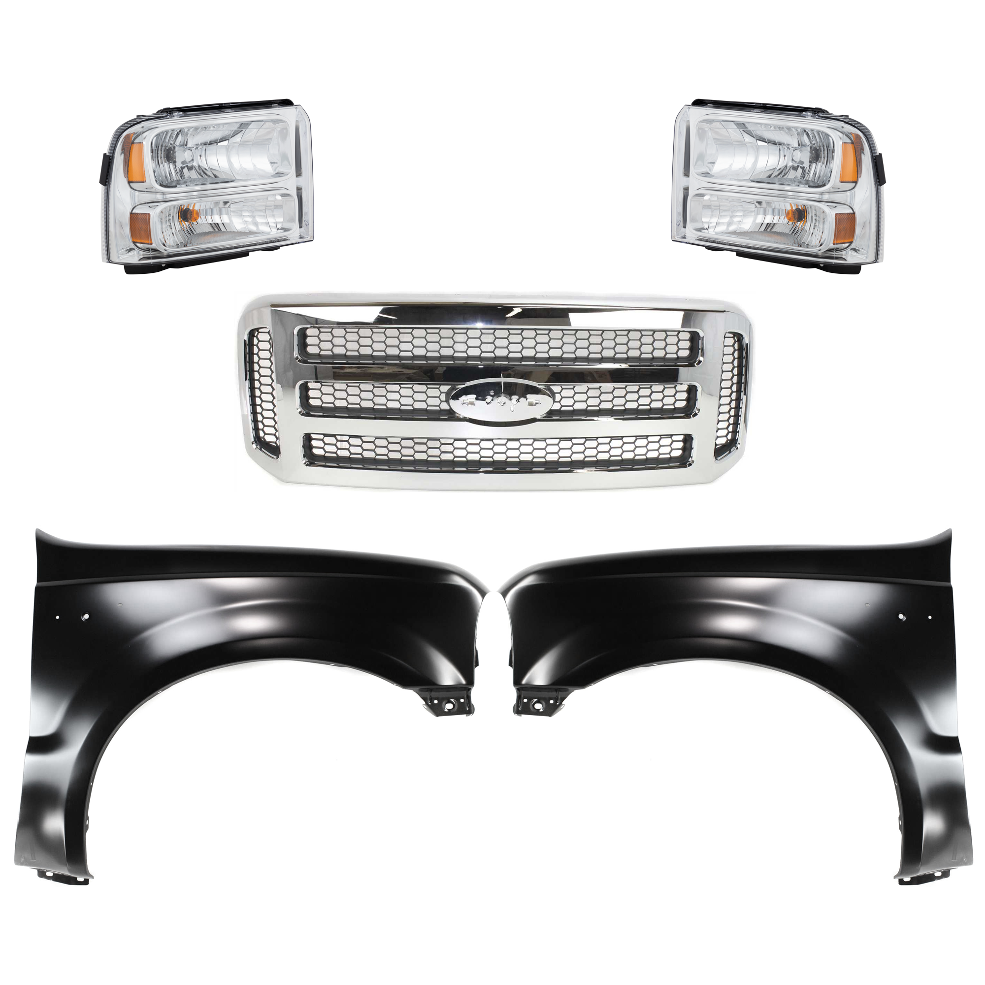 AM EXCURSION 05-05 F 250 SUPER DUTY F 350 SUPER DUTY 05-07 GRILLE Chrome Shell with Painted Gray Insert 5 pc Kit with Fenders and Headlights SKU KIT 022423-594 Partslink FO1200456 FO1241208 FO1240208 FO2503217 FO2502217 OEM 6C3Z8200BC 5C3Z8200BAA F81Z160