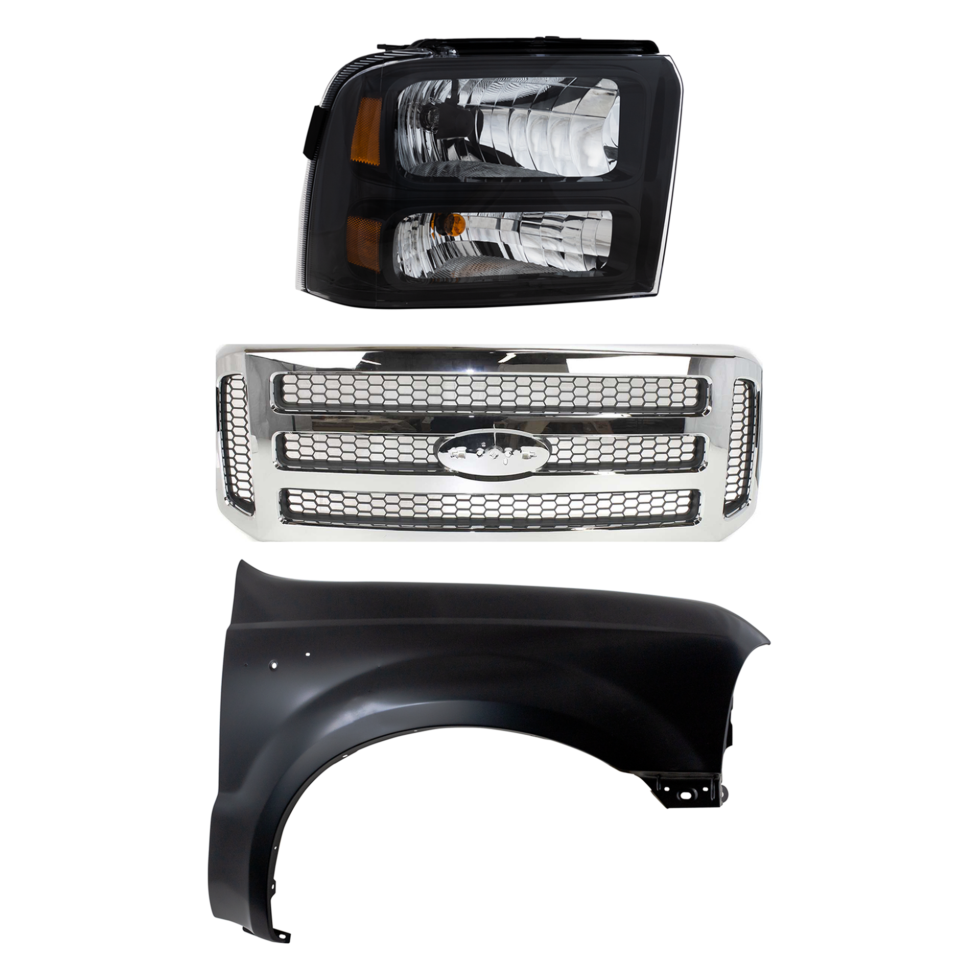 AM F 250 SUPER DUTY F 350 SUPER DUTY 05-07 GRILLE Chrome Shell with Painted Gray Insert 3 pc Kit with Fender and Headlight SKU KIT 022423-59501 Partslink FO1200456 FO1241208 FO2503224 OEM 6C3Z8200BC 5C3Z8200BAA F81Z160