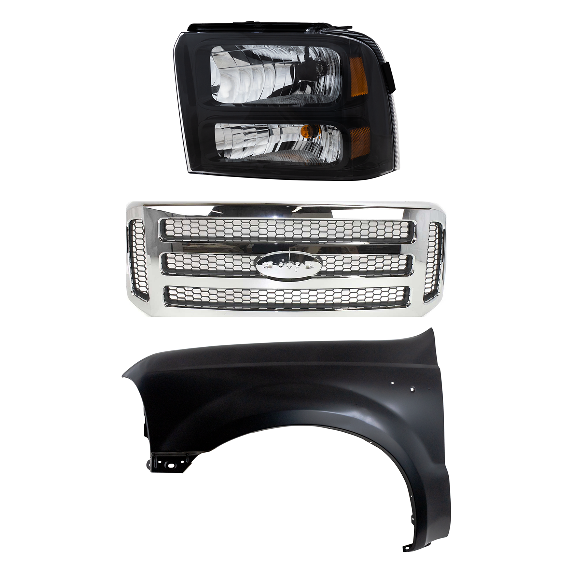 AM F 250 SUPER DUTY F 350 SUPER DUTY 05-07 GRILLE Chrome Shell with Painted Gray Insert 3 pc Kit with Fender and Headlight SKU KIT 022423-59502 Partslink FO1200456 FO1240208 FO2502224 OEM 6C3Z8200BC 5C3Z8200BAA F81Z160