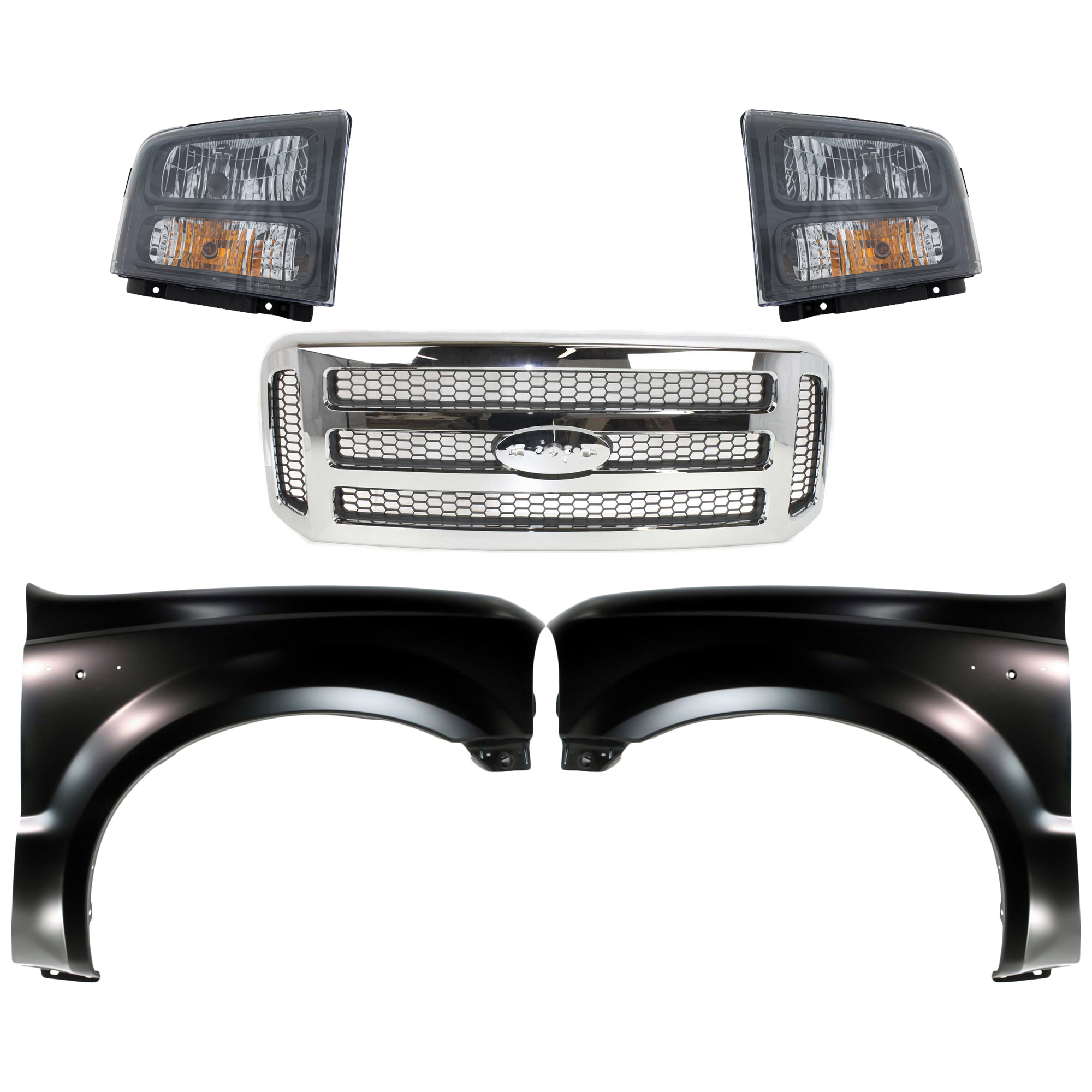 AM F 250 SUPER DUTY F 350 SUPER DUTY 05-07 GRILLE Chrome Shell with Painted Gray Insert 5 pc Kit with Fenders and Headlights SKU KIT 022423-595 Partslink FO1200456 FO1241208 FO1240208 FO2503224 FO2502224 OEM 6C3Z8200BC 5C3Z8200BAA F81Z160