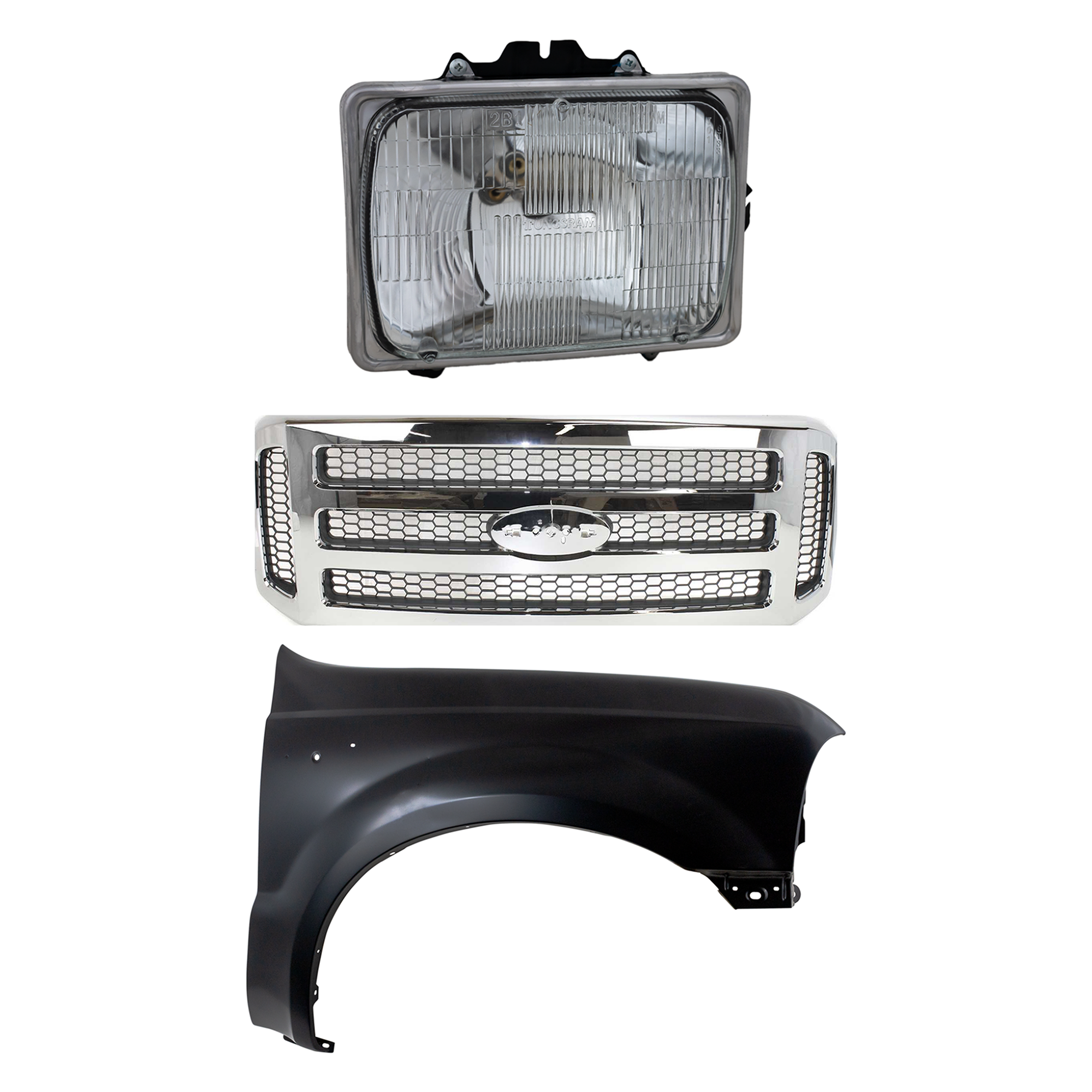 AM F 250 SUPER DUTY F 350 SUPER DUTY 05-07 GRILLE Chrome Shell with Painted Gray Insert 3 pc Kit with Fender and Headlight SKU KIT 022423-59601 Partslink FO1200456 FO1241208 FO2501126 OEM 6C3Z8200BC 5C3Z8200BAA F81Z160