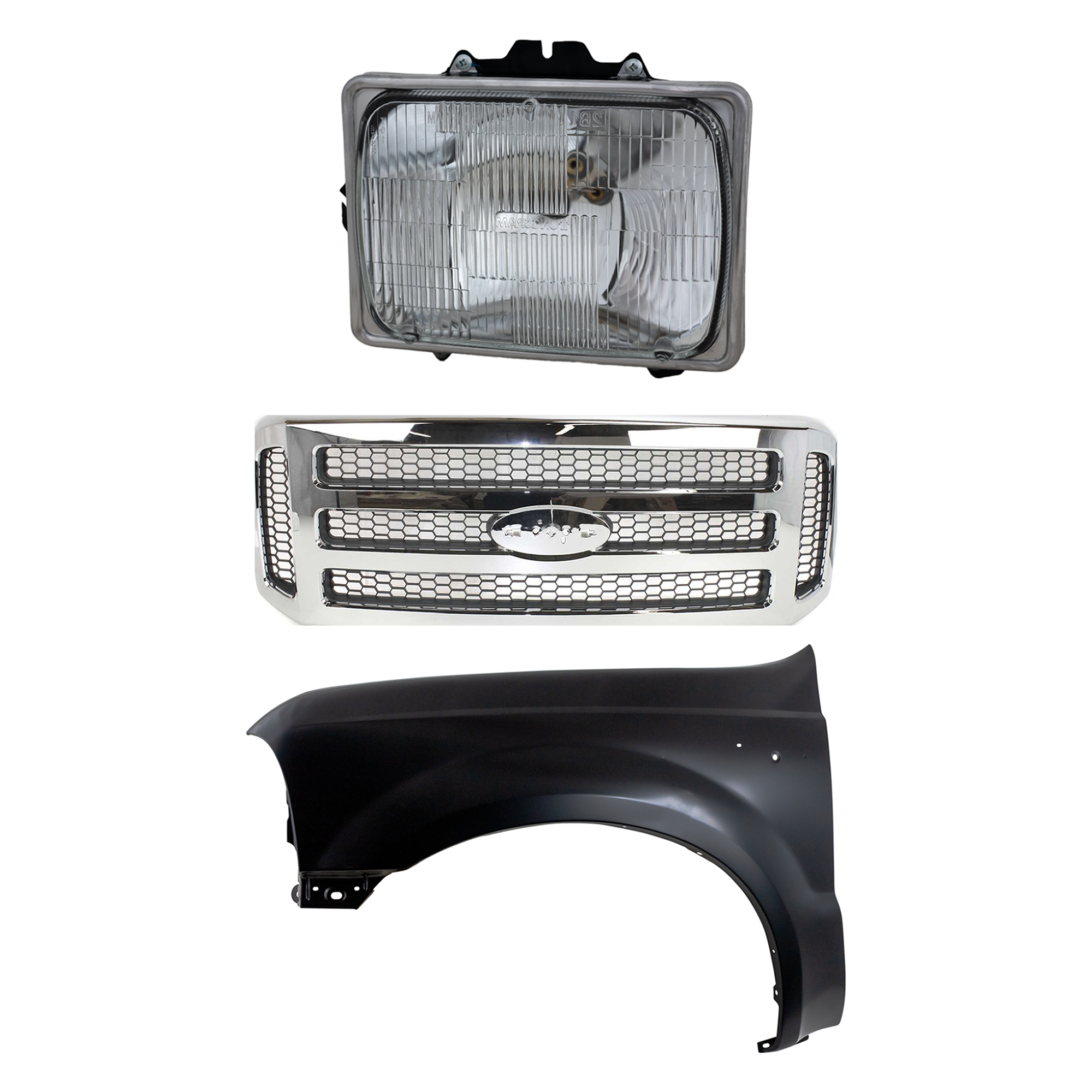 AM F 250 SUPER DUTY F 350 SUPER DUTY 05-07 GRILLE Chrome Shell with Painted Gray Insert 3 pc Kit with Fender and Headlight SKU KIT 022423-59602 Partslink FO1200456 FO1240208 FO2500126 OEM 6C3Z8200BC 5C3Z8200BAA F81Z160