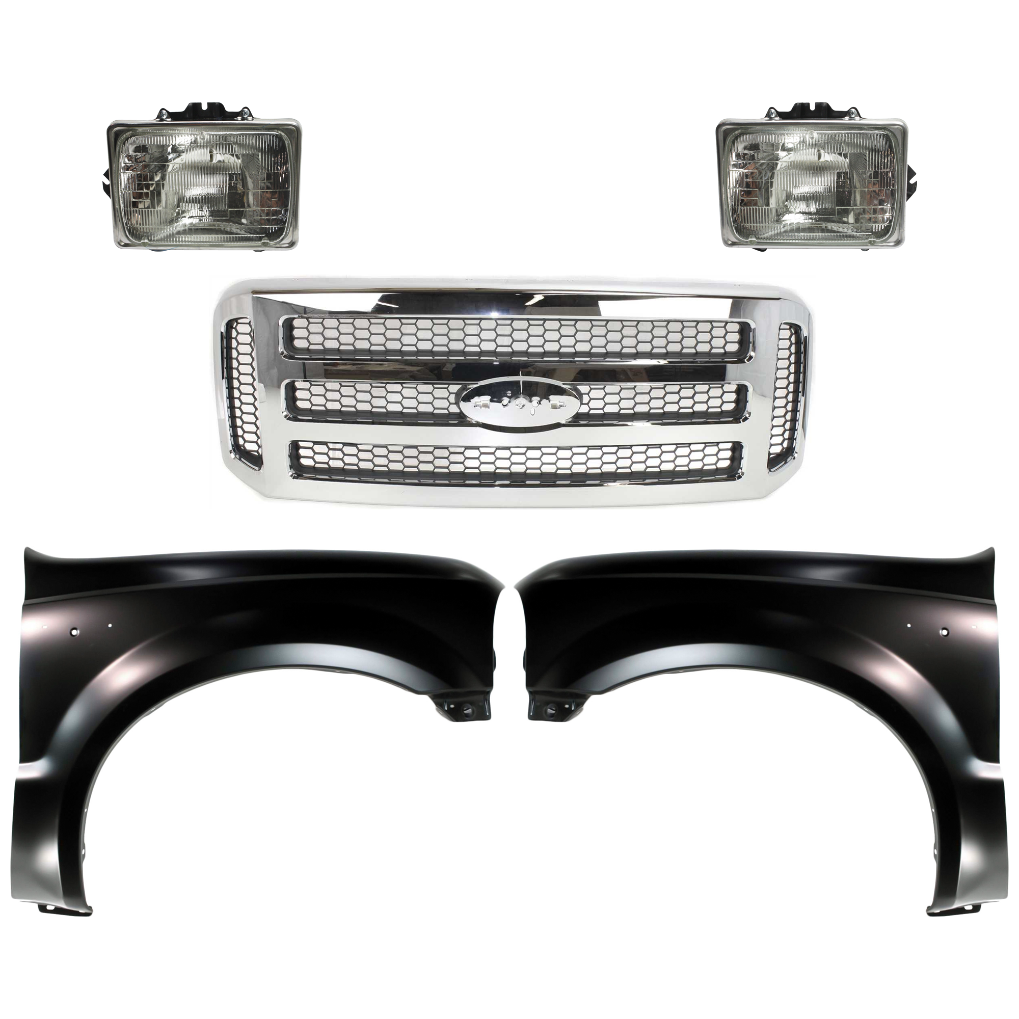 AM F 250 SUPER DUTY F 350 SUPER DUTY 05-07 GRILLE Chrome Shell with Painted Gray Insert 5 pc Kit with Fenders and Headlights SKU KIT 022423-596 Partslink FO1200456 FO1241208 FO1240208 FO2501126 FO2500126 OEM 6C3Z8200BC 5C3Z8200BAA F81Z160