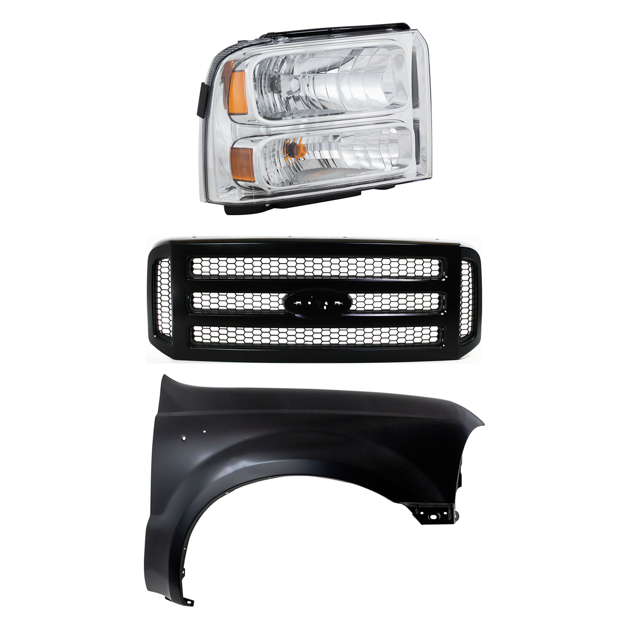 AM F 250 SUPER DUTY F 350 SUPER DUTY 05-07 HEAD LAMP RH Assembly Halogen 3 pc Kit with Fender and Grille Assembly SKU KIT 022423-59701 Partslink FO2503217 FO1241208 FO1200457 OEM 5C3Z8200CAD 6C3Z8200CY 6C3Z130