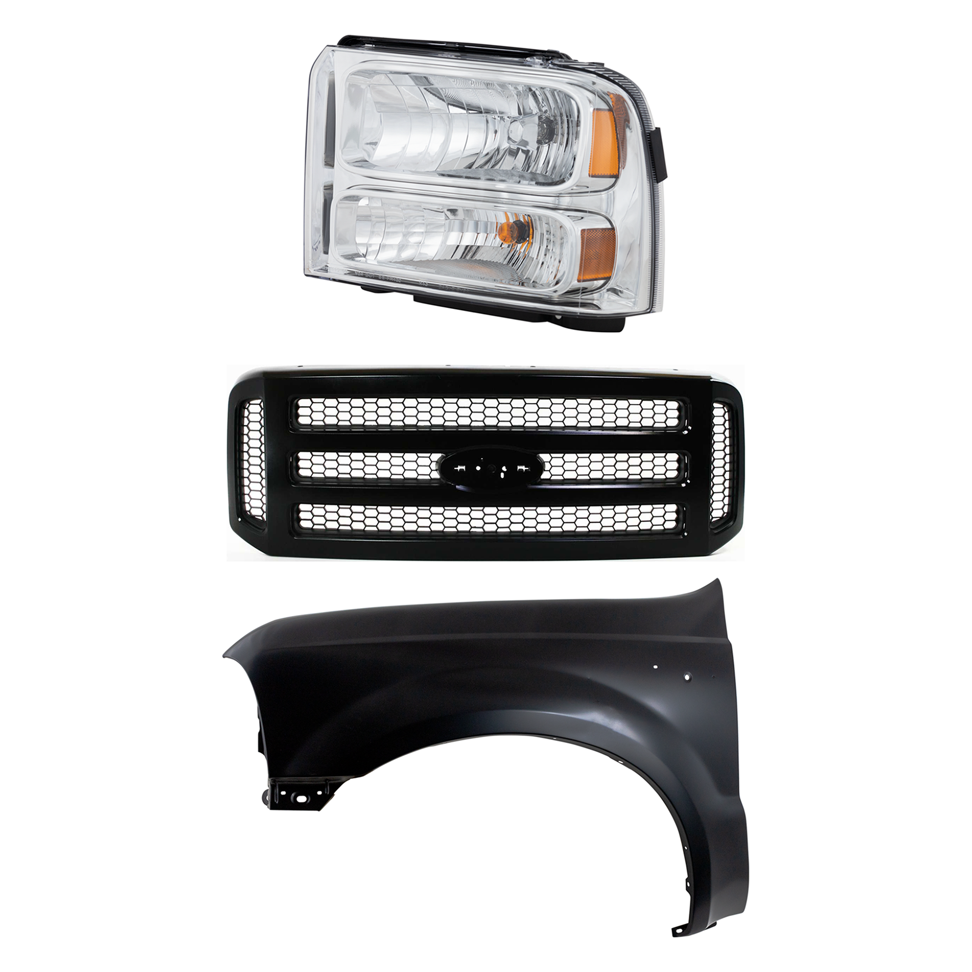 AM F 250 SUPER DUTY F 350 SUPER DUTY 05-07 HEAD LAMP LH Assembly Halogen 3 pc Kit with Fender and Grille Assembly SKU KIT 022423-59702 Partslink FO2502217 FO1240208 FO1200457 OEM 5C3Z8200CAD 6C3Z8200CY 6C3Z130