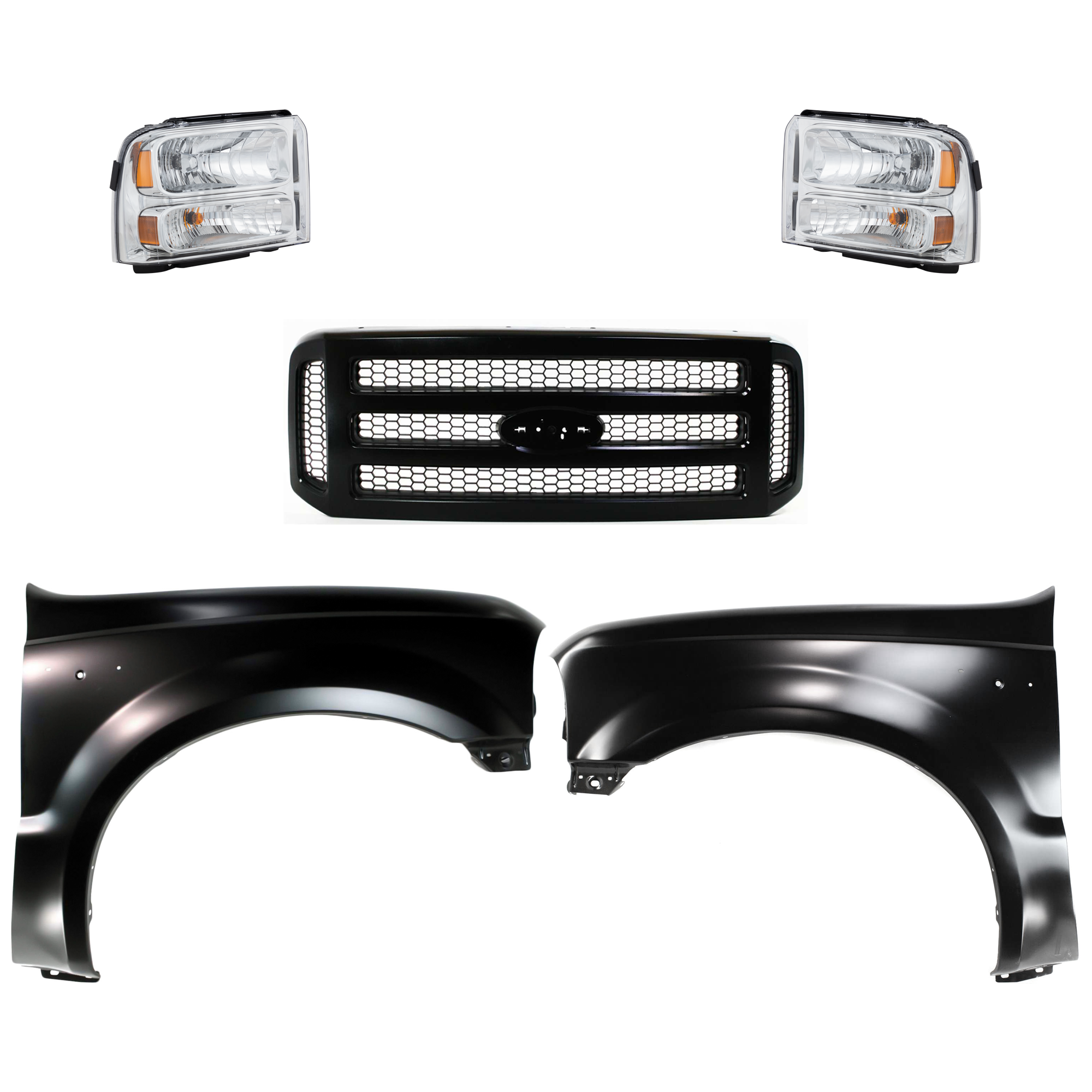AM F 250 SUPER DUTY F 350 SUPER DUTY 05-07 HEAD LAMP RH AND LH Assembly Halogen 5 pc Kit with Fenders and Grille Assembly SKU KIT 022423-597 Partslink FO2502217 FO2503217 FO1241208 FO1240208 FO1200457 OEM 6C3Z13008AB 6C3Z13008BB F81Z16
