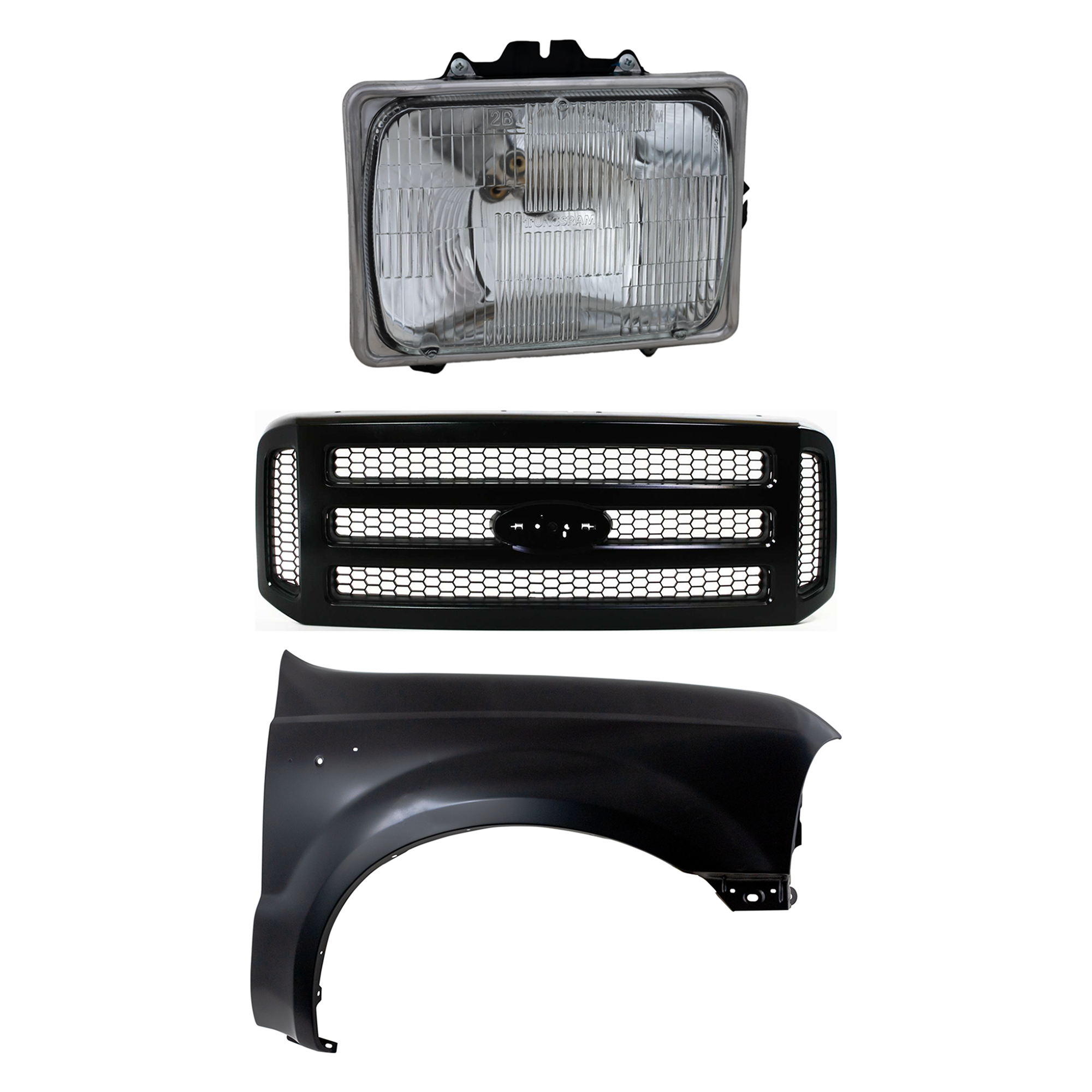 AM F 250 SUPER DUTY F 350 SUPER DUTY 05-07 FRONT FENDER RH Primed 3 pc Kit with Grille and Headlight SKU KIT 022423-59901 Partslink FO1241208 FO1200457 FO2501126 OEM F81Z16005AA 5C3Z8200CAD 6C3Z82