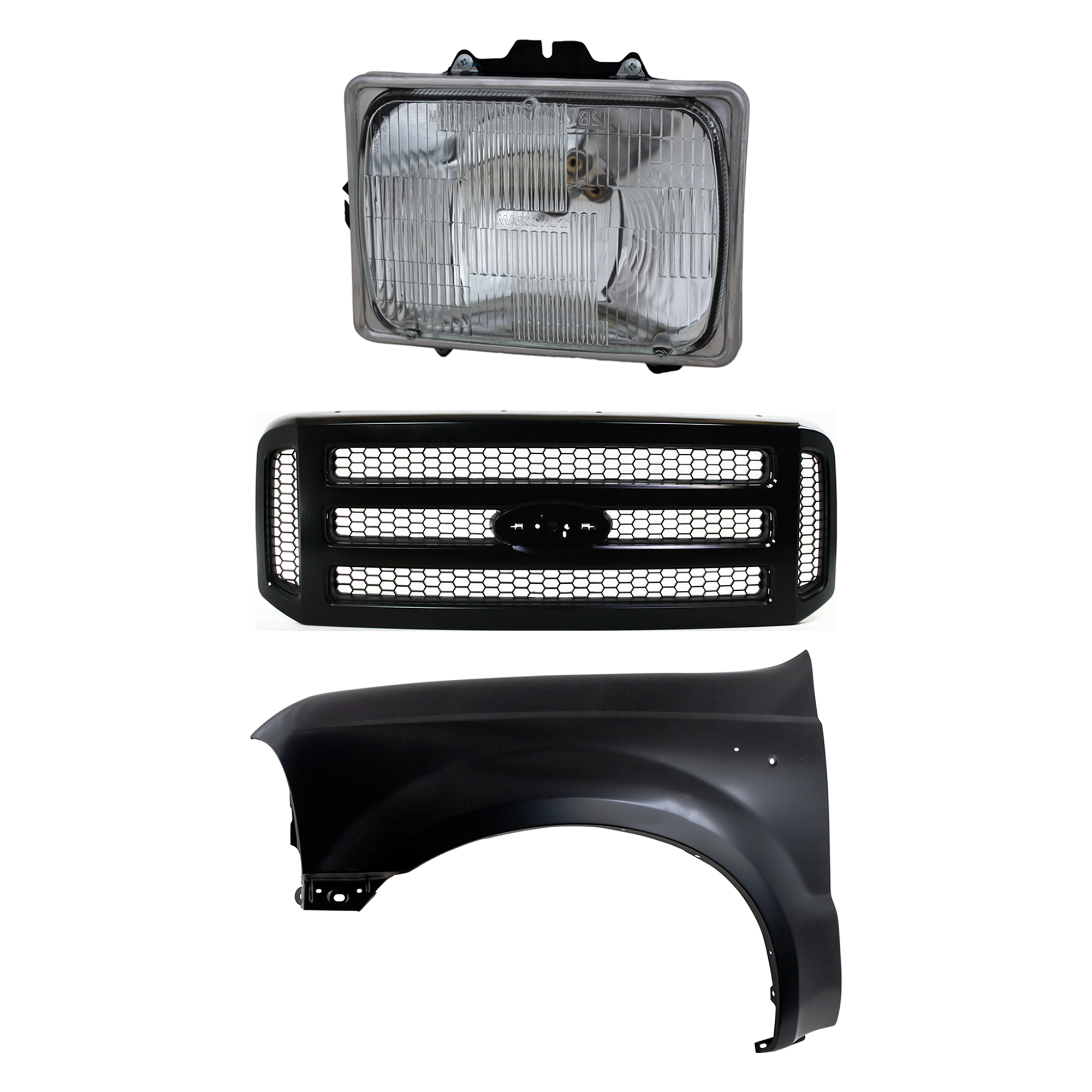 AM F 250 SUPER DUTY F 350 SUPER DUTY 05-07 FRONT FENDER LH Primed 3 pc Kit with Grille and Headlight SKU KIT 022423-59902 Partslink FO1240208 FO1200457 FO2500126 OEM F81Z16006AA 5C3Z8200CAD 6C3Z82