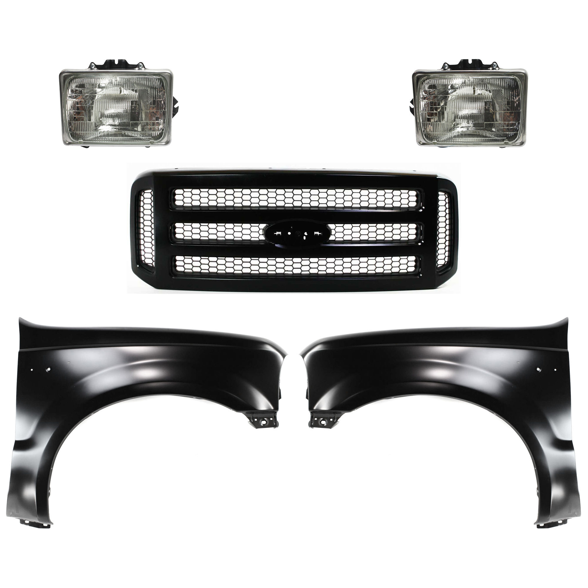 AM F 250 SUPER DUTY F 350 SUPER DUTY 05-07 FRONT FENDER RH AND LH Primed 5 pc Kit with Grille and Headlights SKU KIT 022423-599 Partslink FO1240208 FO1241208 FO1200457 FO2501126 FO2500126 OEM F81Z16005AA F81Z16006AA 5C3Z82