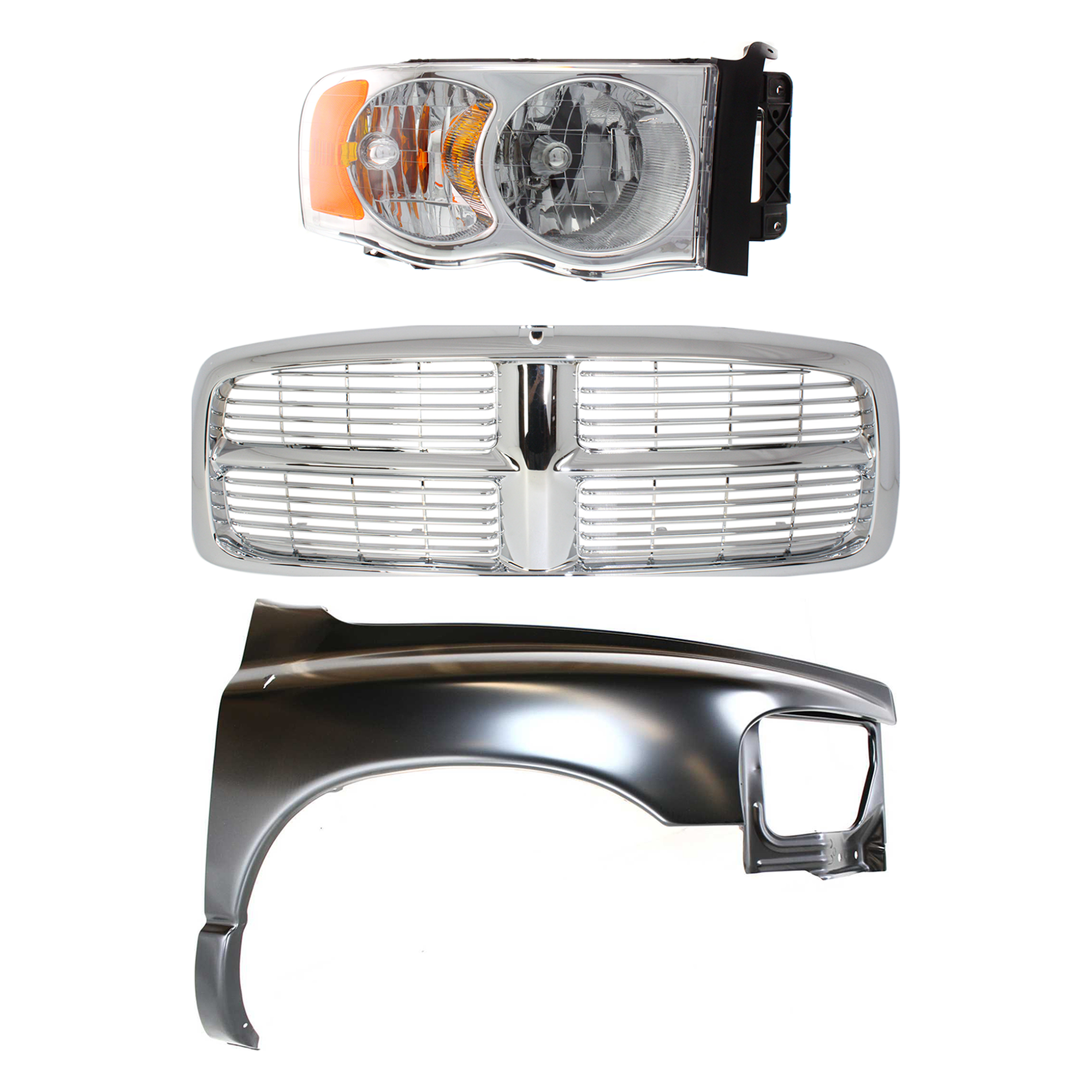 AM DODGE FULL SIZE P U 02-05 HEAD LAMP RH 3 pc Kit Assembly Halogen with Fender and Grille SKU KIT 022423-60101 Partslink CH1241232 OEM 55077120AF PFM 55077120AG PFM
