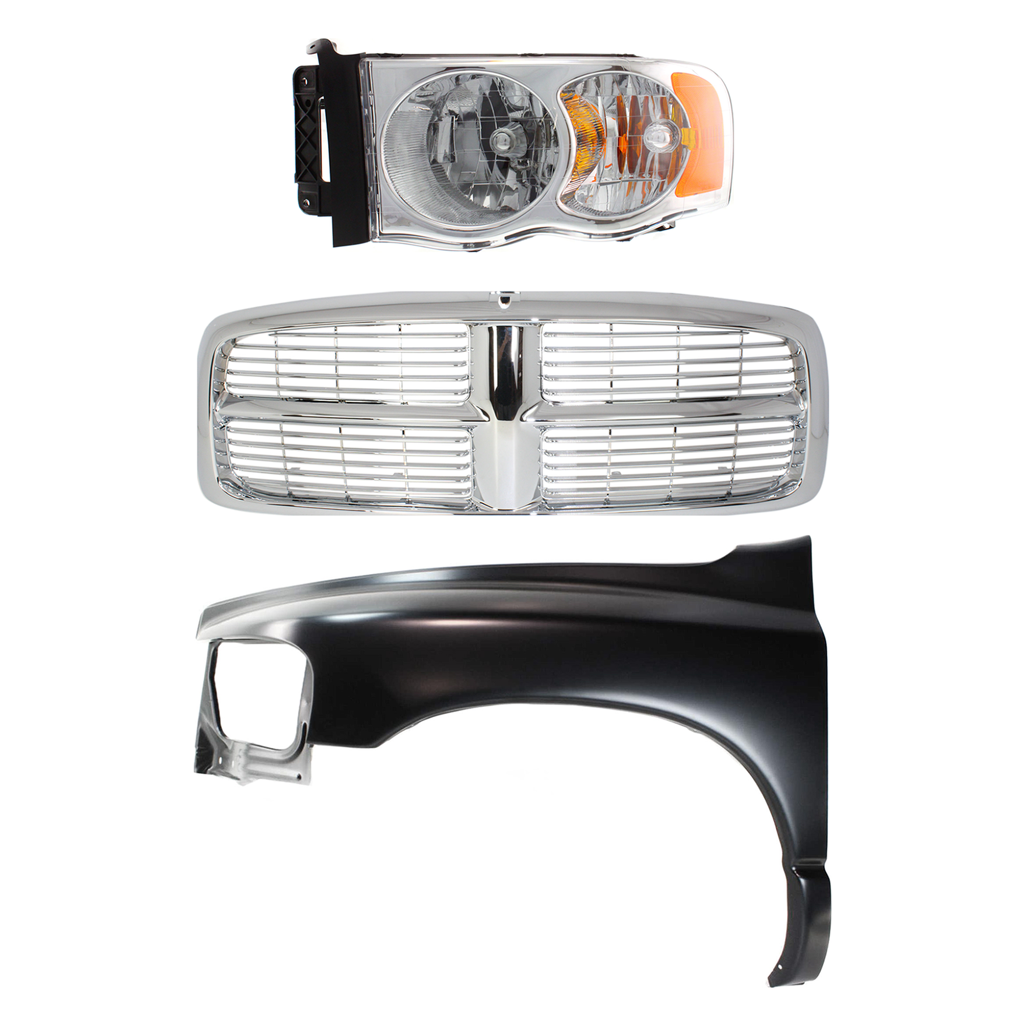 AM DODGE FULL SIZE P U 02-05 FRONT FENDER LH 3 pc Kit Primed Steel with Grille and Headlight SKU KIT 022423-60102 Partslink CH1240232 OEM 55276209AD 55276971AA Performa