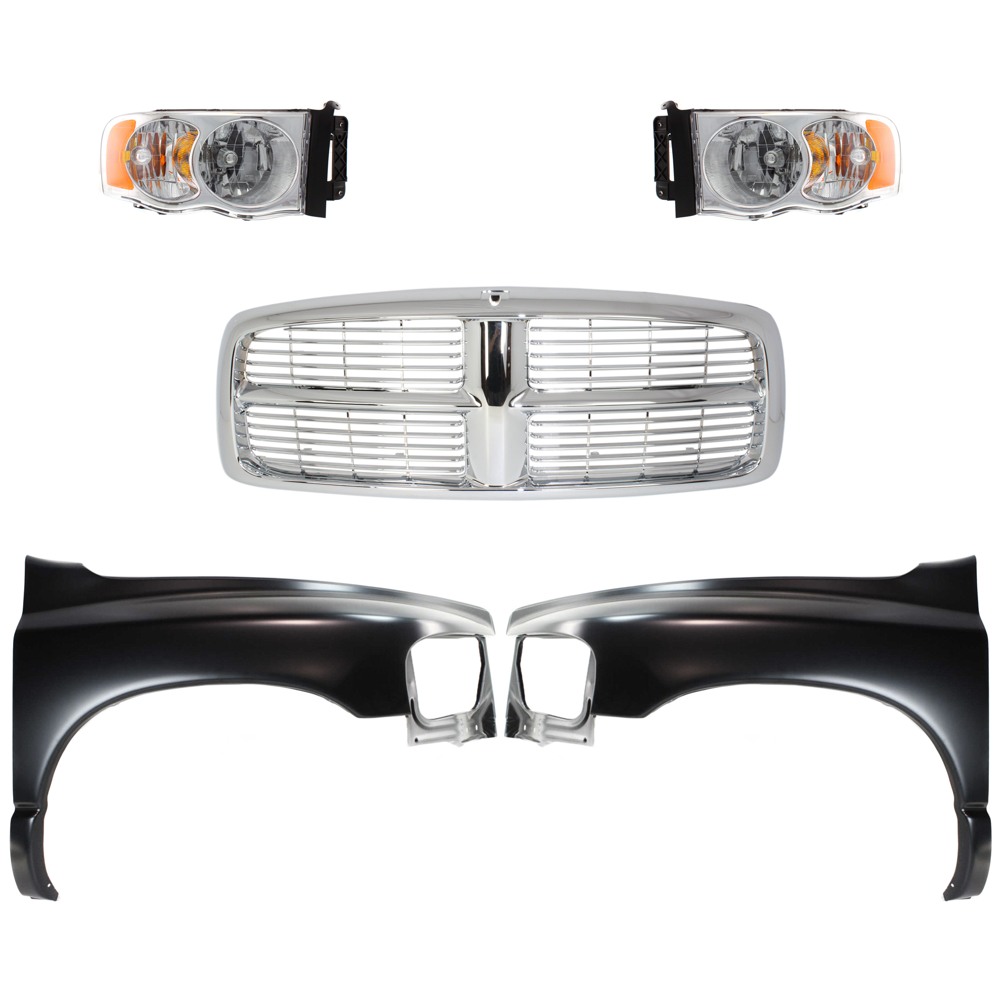 AM DODGE FULL SIZE PICKUP 02-05 FRONT FENDER RH AND LH 5 pc Kit with Grille Assembly and Headlights SKU KIT 022423-601 OEM 55276208AD 55276970AA 55276209