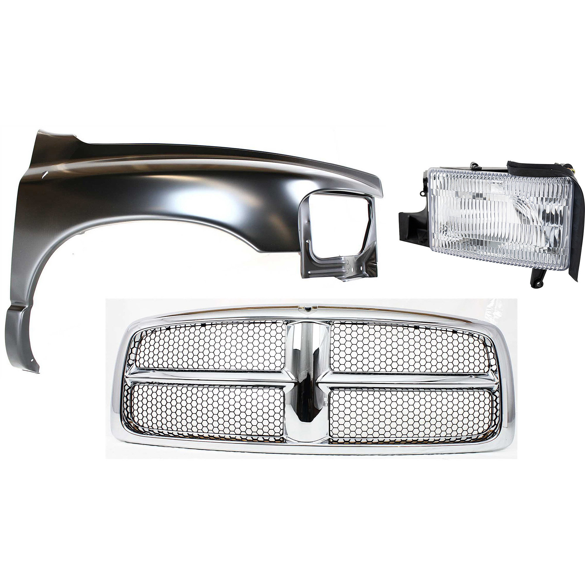 AM RAM 1500-02-02 GRILLE Chrome Shell with Paintable Insert 3 pc Kit with Fender and Headlight SKU KIT 022423-61001 Partslink CH1200268 CH1241232 OEM 55077185AG PFM 55276208AD 5527