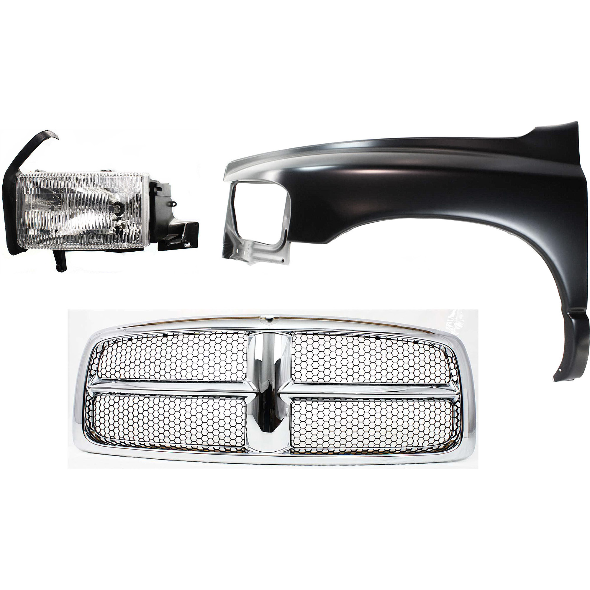 AM RAM 1500-02-02 FRONT FENDER LH Primed 3 pc Kit with Grille and Headlight SKU KIT 022423-61002 Partslink CH1240232 CH1200268 OEM 55276209AD 55276971AA 55077185