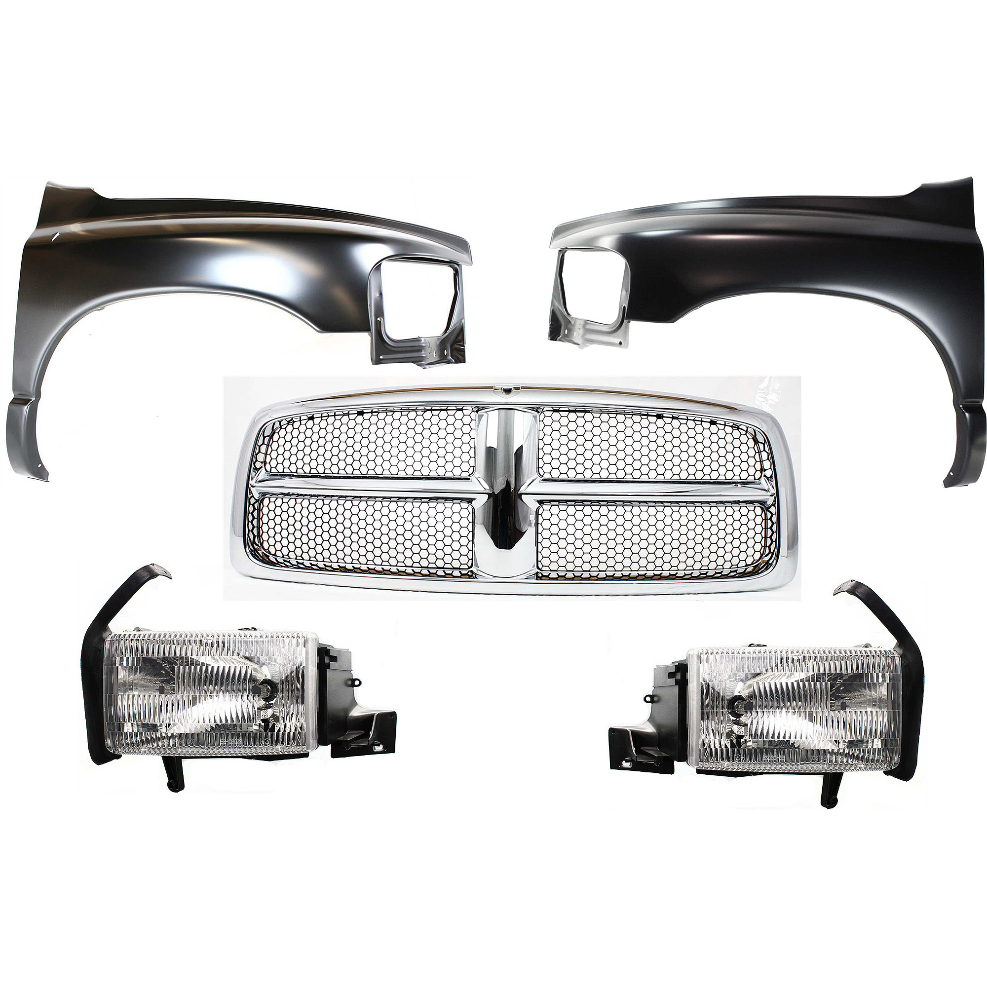 AM RAM 1500-02-02 FRONT FENDER RH AND LH Primed 5 pc Kit with Grille and Headlights SKU KIT 022423-610 Partslink CH1240232 CH1241232 CH1200268 OEM 55276208AD 55276970AA 55276209