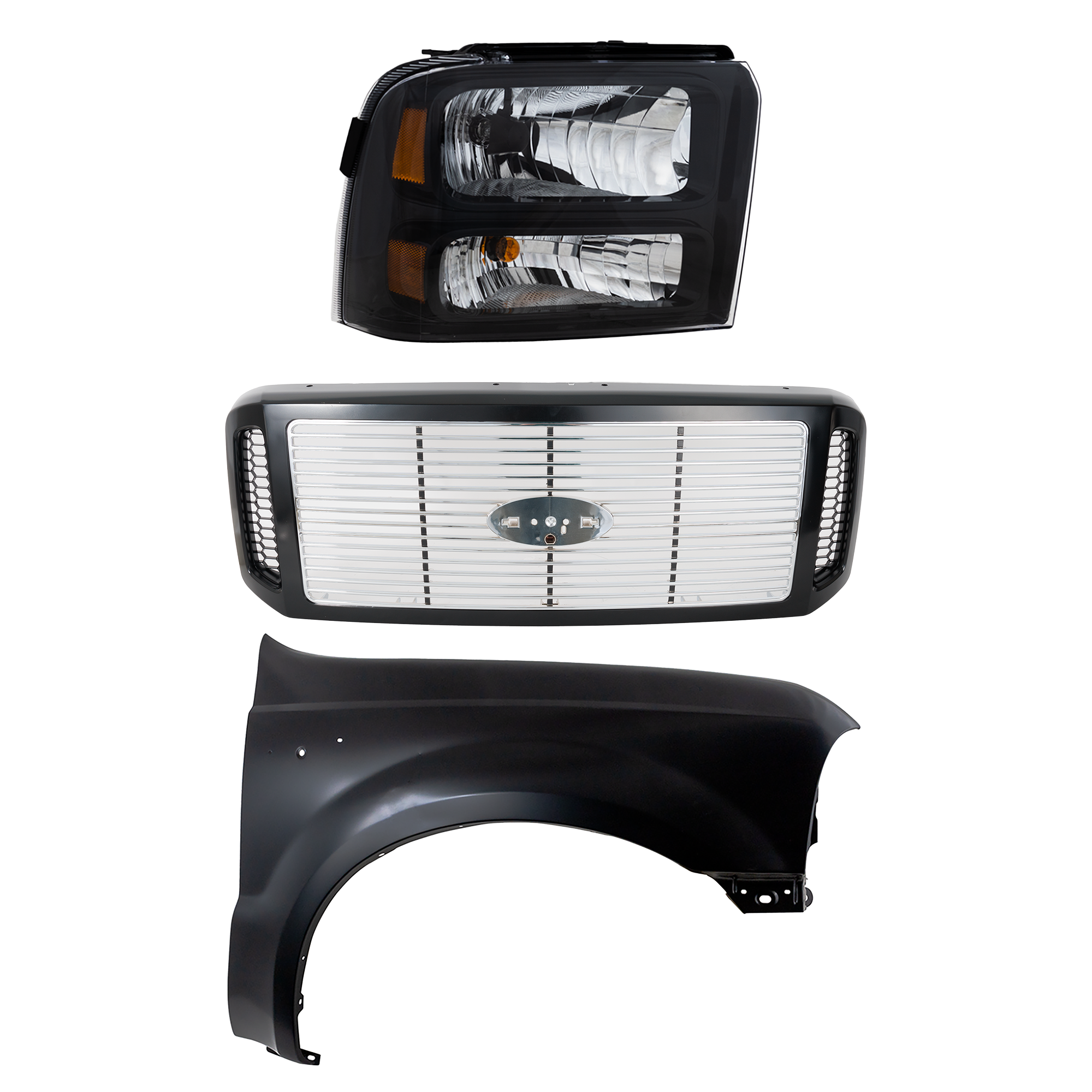 AM F 250 SUPER DUTY F 350 SUPER DUTY 05-07 GRILLE Painted Black Shell w Chrome Insert 3 pc Kit w Fender and Headlight SKU KIT 022423-61201 Partslink FO1200458 FO1241208 FO2503224 OEM 6C3Z8200DH F81Z16005AA 6C3Z130