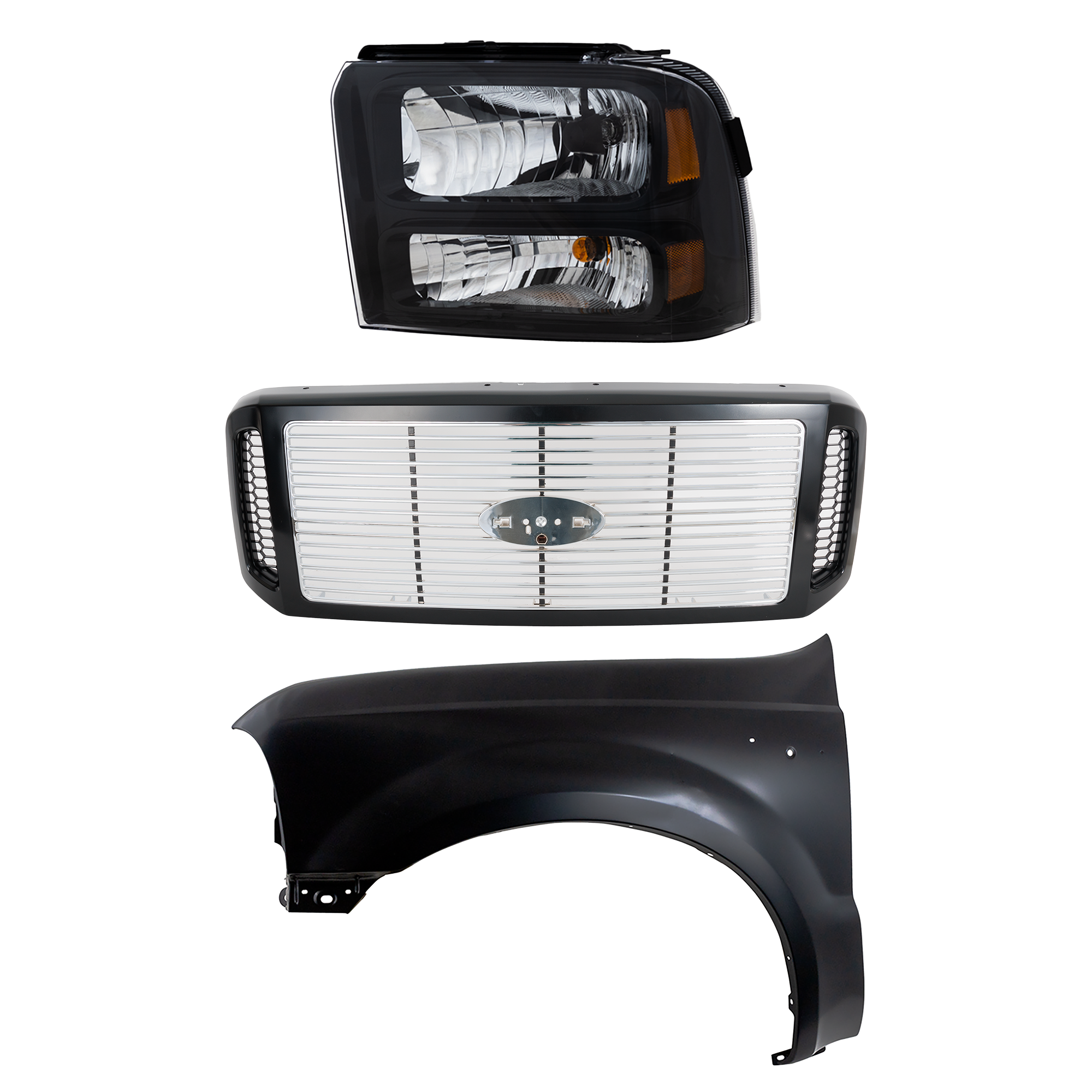 AM F 250 SUPER DUTY F 350 SUPER DUTY 05-07 GRILLE Painted Black Shell w Chrome Insert 3 pc Kit w Fender and Headlight SKU KIT 022423-61202 Partslink FO1200458 FO1240208 FO2502224 OEM 6C3Z8200DH F81Z16006AA 6C3Z130