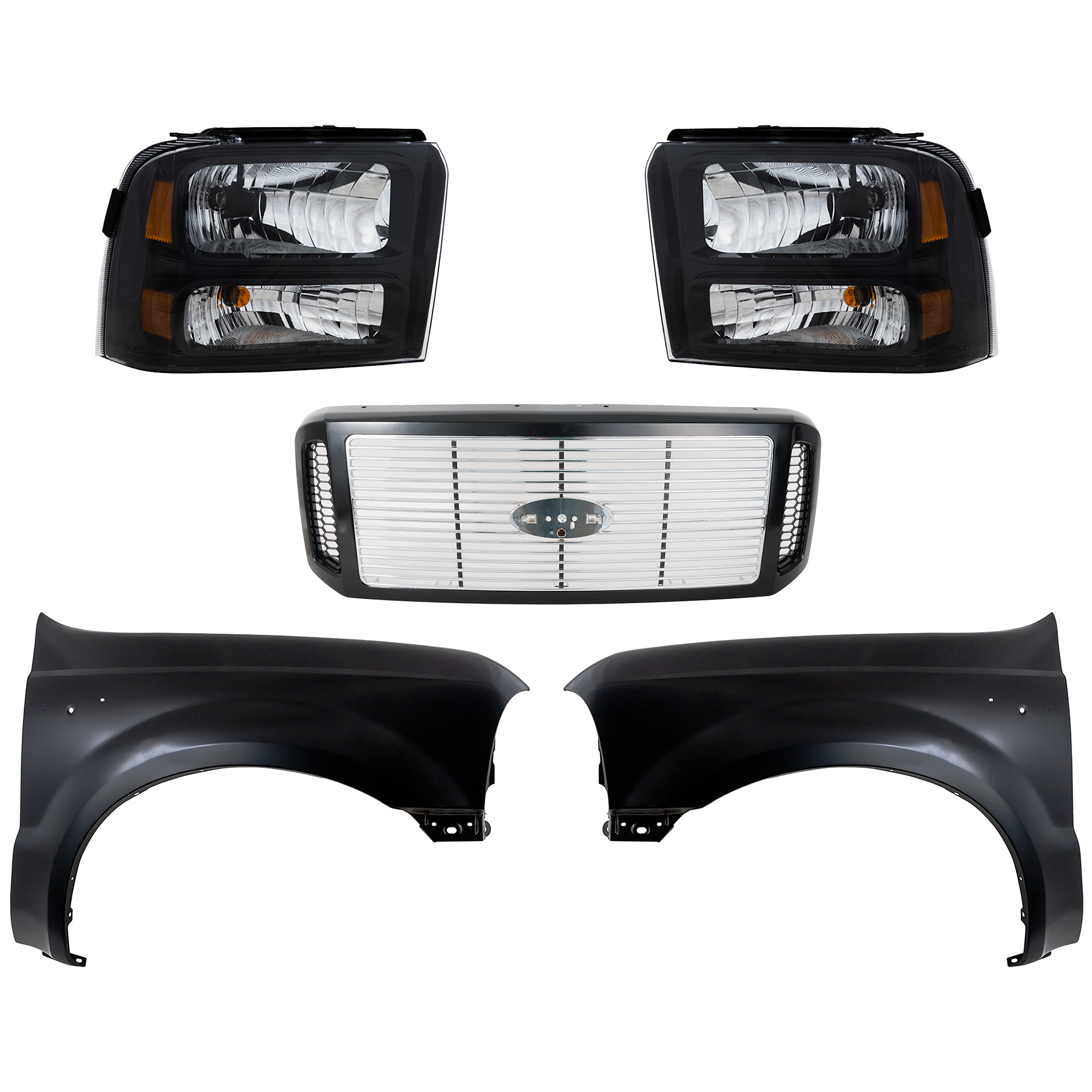 AM F 250 SUPER DUTY F 350 SUPER DUTY 05-07 GRILLE Painted Black Shell w Chrome Insert 5 pc Kit w Fenders and Headlights SKU KIT 022423-612 Partslink FO1200458 FO1241208 FO1240208 FO2503224 FO2502224 OEM 6C3Z8200DH F81Z16005AA F81Z160