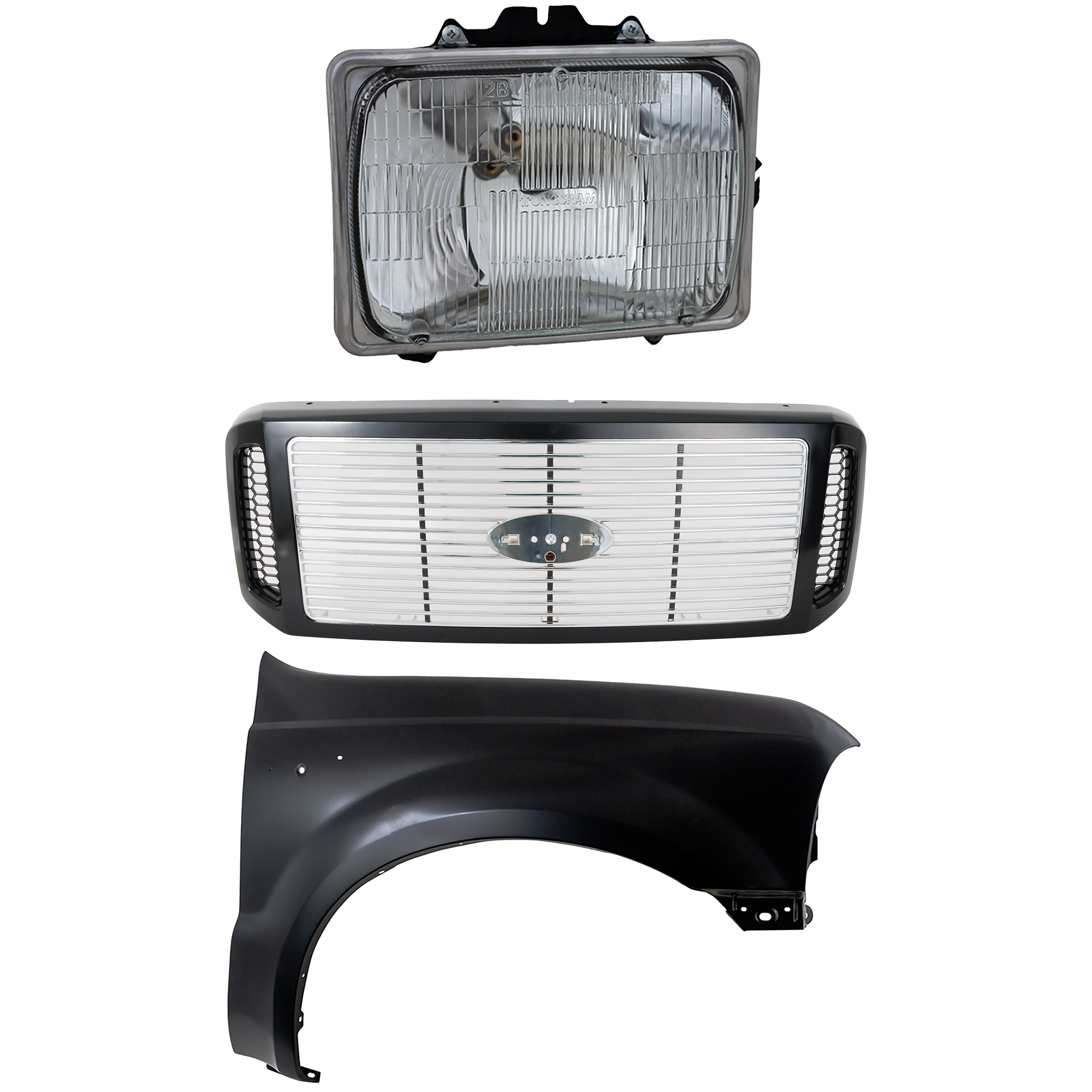 AM F 250 SUPER DUTY F 350 SUPER DUTY 05-07 GRILLE Painted Black Shell w Chrome Insert 3 pc Kit w Fender and Headlight SKU KIT 022423-61301 Partslink FO1200458 FO1241208 FO2501126 OEM 6C3Z8200DH F81Z16005AA F3UZ130