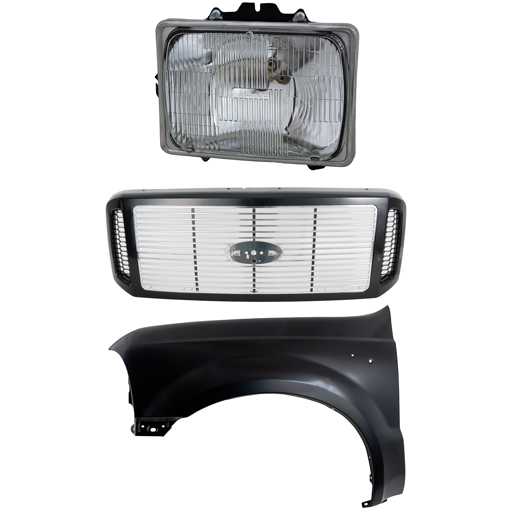 AM F 250 SUPER DUTY F 350 SUPER DUTY 05-07 GRILLE Painted Black Shell w Chrome Insert 3 pc Kit w Fender and Headlight SKU KIT 022423-61302 Partslink FO1200458 FO1240208 FO2500126 OEM 6C3Z8200DH F81Z16006AA F3UZ130