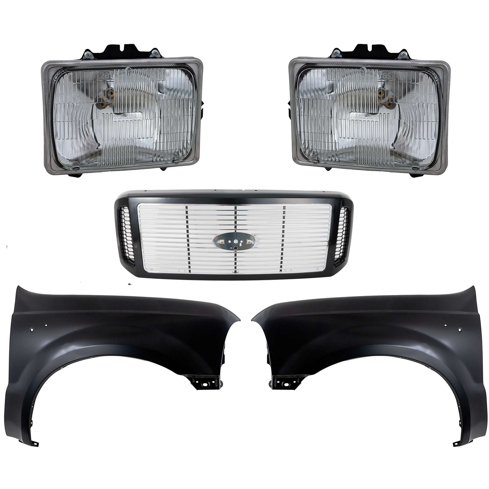 AM F 250 SUPER DUTY F 350 SUPER DUTY 05-07 GRILLE Painted Black Shell w Chrome Insert 5 pc Kit w Fenders and Headlights SKU KIT 022423-613 Partslink FO1200458 FO1241208 FO1240208 FO2501126 FO2500126 OEM 6C3Z8200DH F81Z16005AA F81Z160