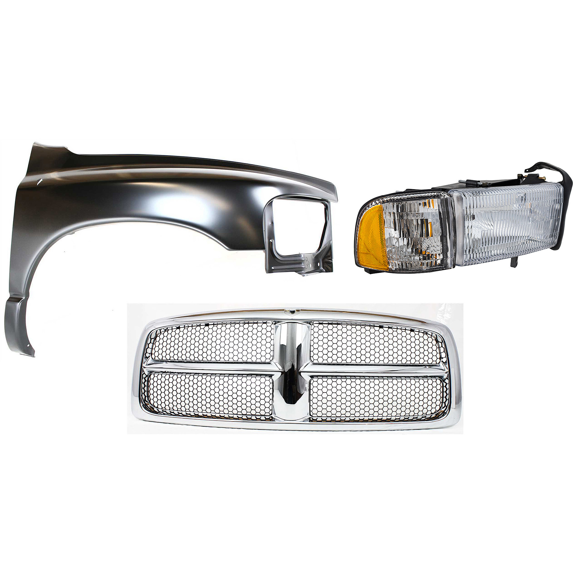 AM RAM 1500-02-02 GRILLE Chrome Shell with Paintable Insert 3 pc Kit with Fender and Headlight SKU KIT 022423-61801 Partslink CH1200268 CH1241232 CH2503101 OEM 55077185AG PFM 55276208AD 5527