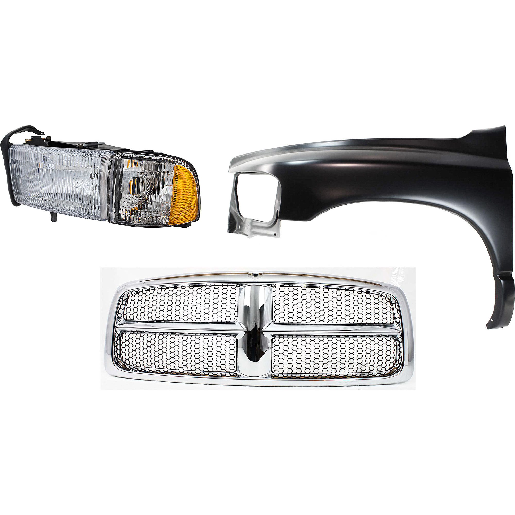 AM RAM 1500-02-02 FRONT FENDER LH Primed 3 pc Kit with Grille and Headlight SKU KIT 022423-61802 Partslink CH1240232 CH1200268 CH2502101 OEM 55276209AD 55276971AA 55077185