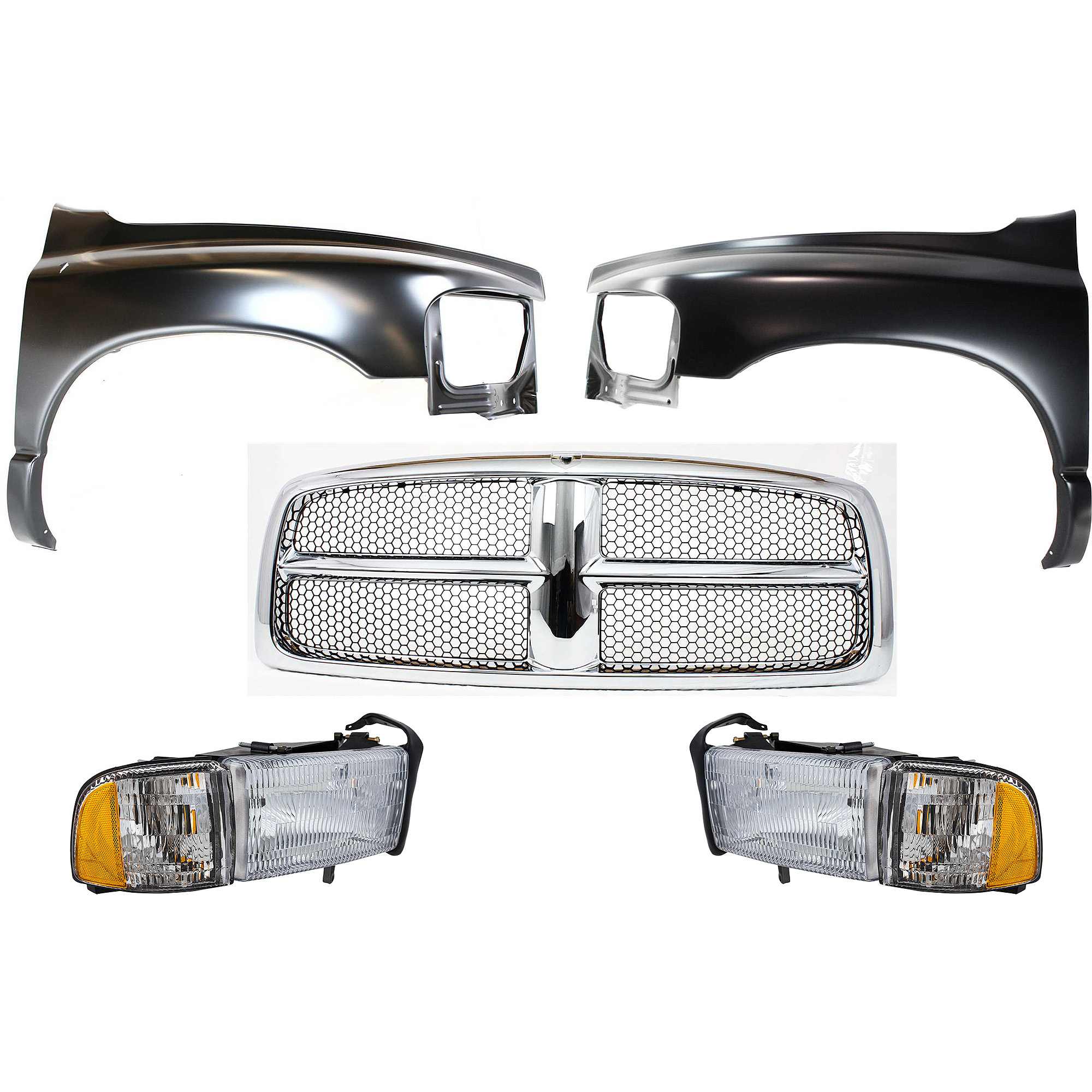 AM RAM 1500-02-02 FRONT FENDER RH AND LH Primed 5 pc Kit with Grille and Headlights SKU KIT 022423-618 Partslink CH1240232 CH1241232 CH1200268 CH2503101 CH2502101 OEM 55276208AD 55276970AA 55276209
