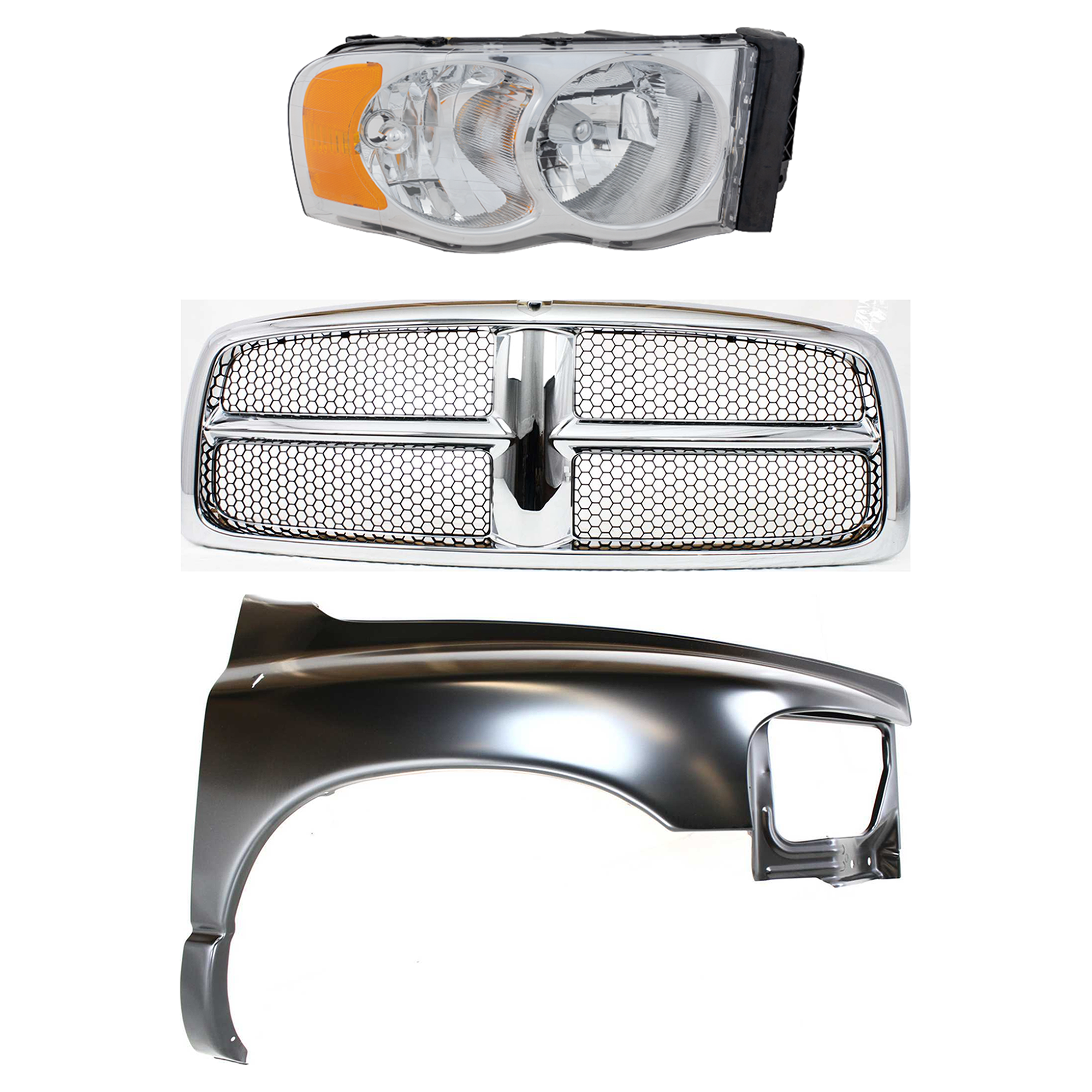 AM DODGE FULL SIZE P U 02-05 GRILLE 3 pc Kit Plastic with Fender and Headlight SKU KIT 022423-62901 Partslink CH1200268 CH1241232 CH2503135 CH2503161 OEM 55077185AG PFM 55276208AD 5527