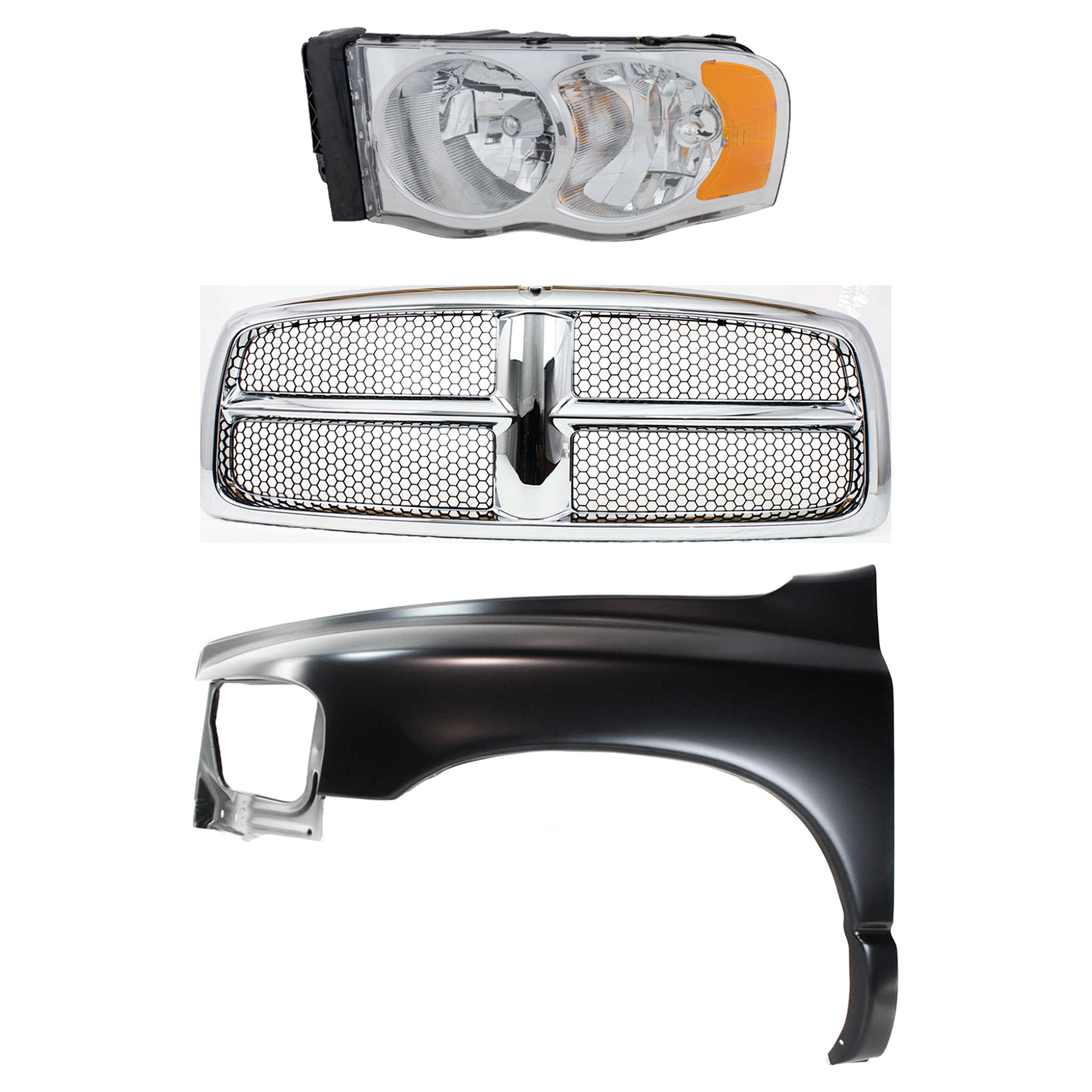 AM DODGE FULL SIZE P U 02-05 FRONT FENDER LH 3 pc Kit Primed Steel with Grille and Headlight SKU KIT 022423-62902 Partslink CH1240232 CH1200268 CH2502135 CH2502161 OEM 55276209AD 55276971AA 55077185