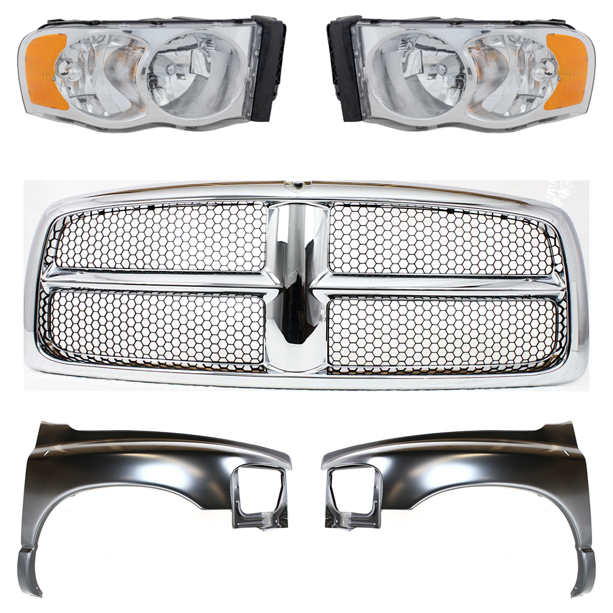AM DODGE FULL SIZE PICKUP 02-05 FRONT FENDER RH AND LH 5 pc Kit with Grille Assembly and Headlights SKU KIT 022423-629 Partslink CH1240232 CH1241232 CH1200268 CH2503135 CH2503161 CH2502135 CH2502161 OEM 55276208AD 55276970AA 55276209