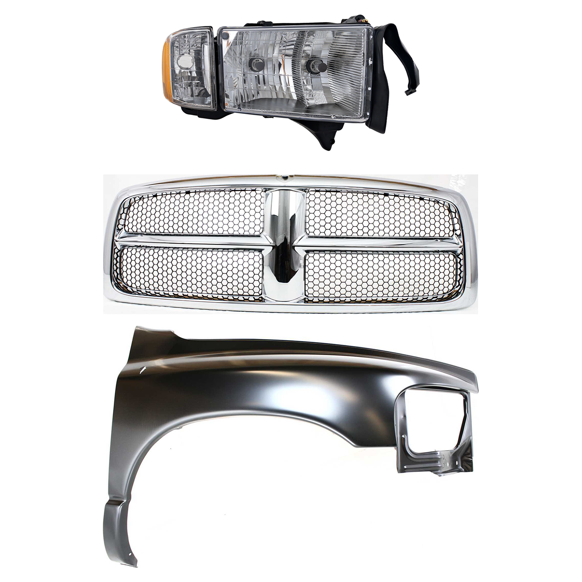 AM RAM 1500-02-02 GRILLE 3 pc Kit Plastic SLT ST Models with Fender and Headlight SKU KIT 022423-63901 Partslink CH1200268 CH1241232 OEM 55077185AG PFM 55276208AD 5527