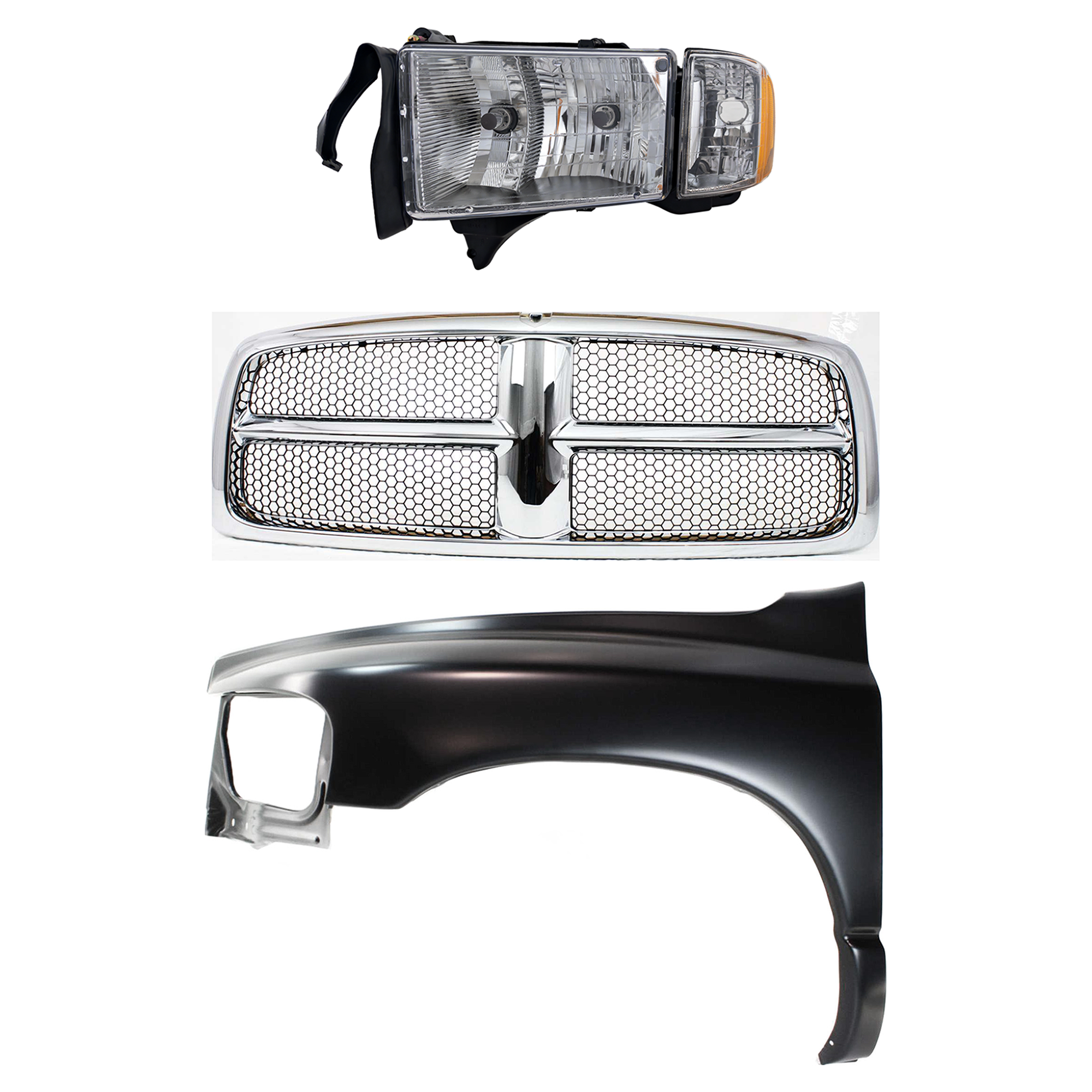 AM RAM 1500-02-02 FRONT FENDER LH 3 pc Kit Primed Steel SLT ST Models with Grille and Headlight SKU KIT 022423-63902 Partslink CH1240232 CH1200268 OEM 55276209AD 55276971AA 55077185