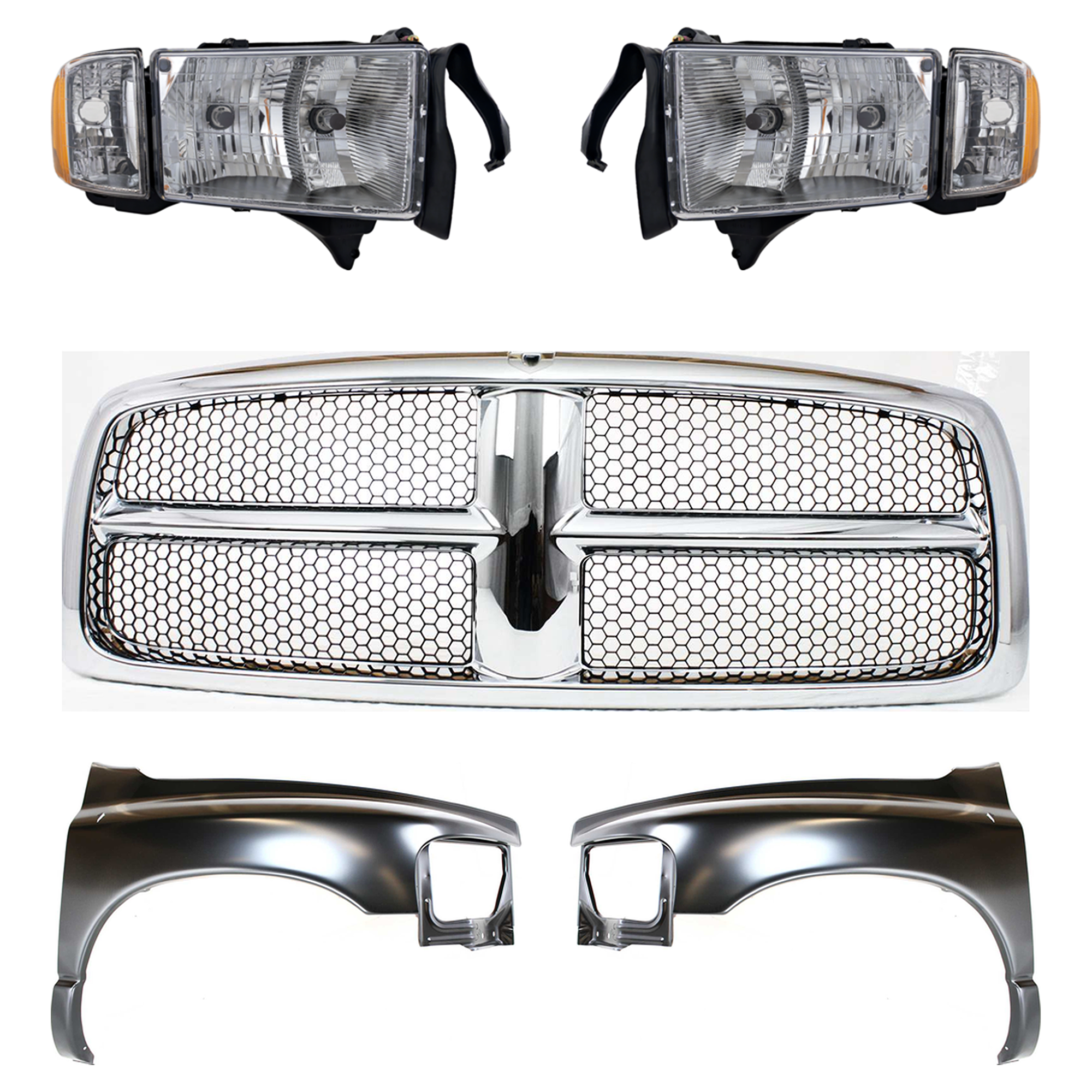AM RAM 1500-02-02 FRONT FENDER RH AND LH 5 pc Kit SLT ST Models with Grille Assembly and Headlights SKU KIT 022423-639 Partslink CH1240232 CH1241232 CH1200268 OEM 55276208AD 55276970AA 55276209